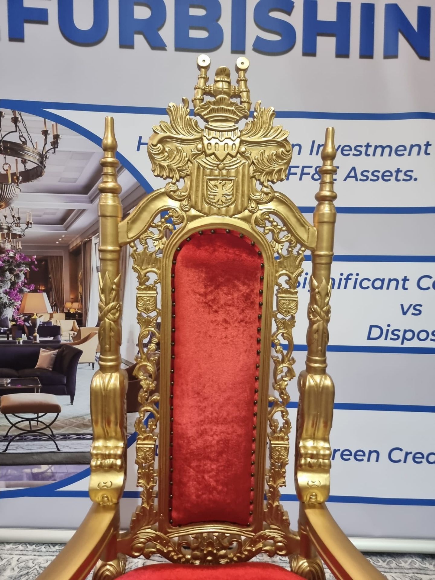 Handmade Mahogany Wood Painted Matt Gold Throne Chair Upholstered In A Pinned Red Velvet Exceptional - Image 15 of 18