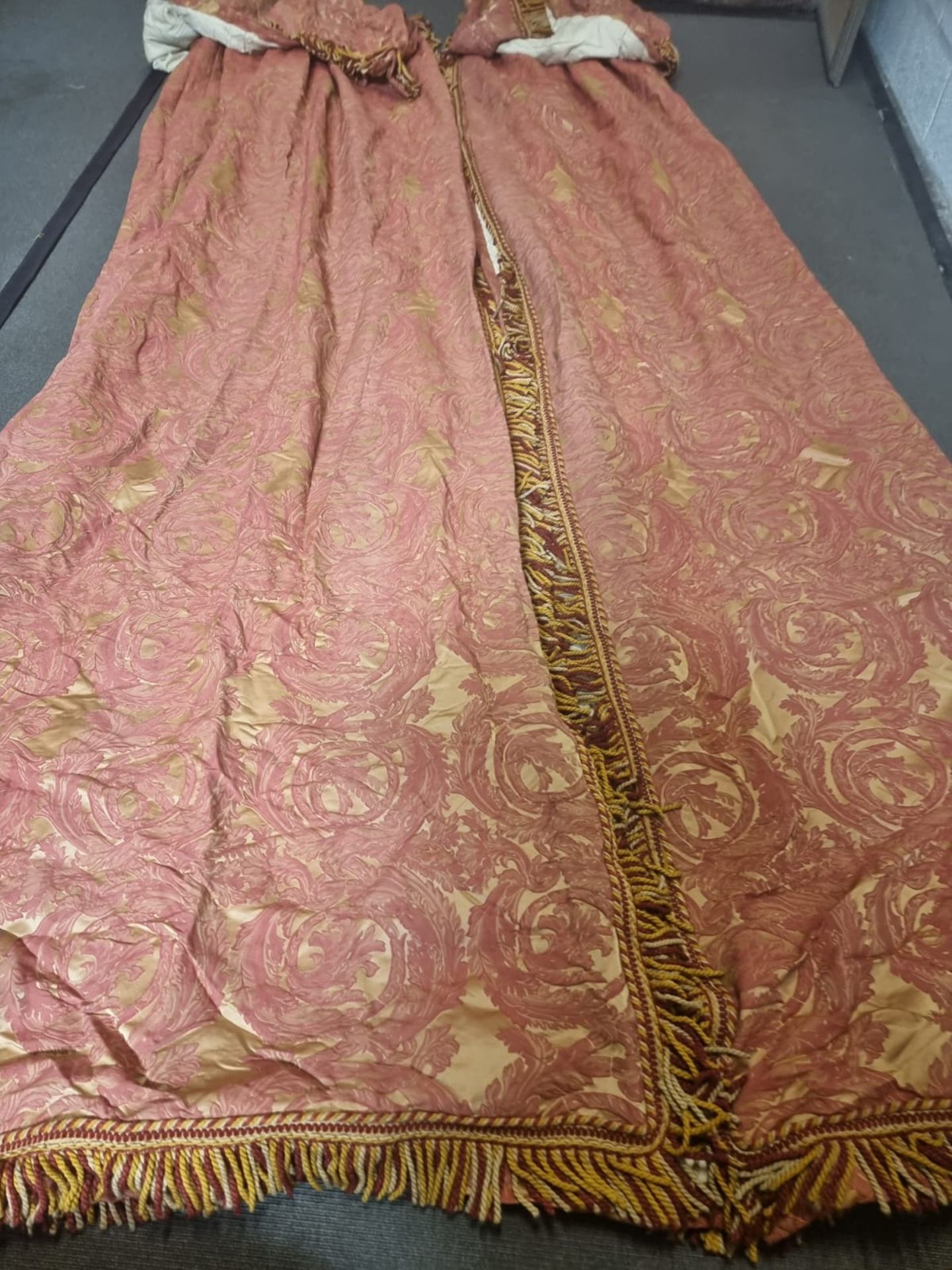 2 x panels of heavy cotton pencil pleat lined drapes with gold and red pattern with a pelmet top