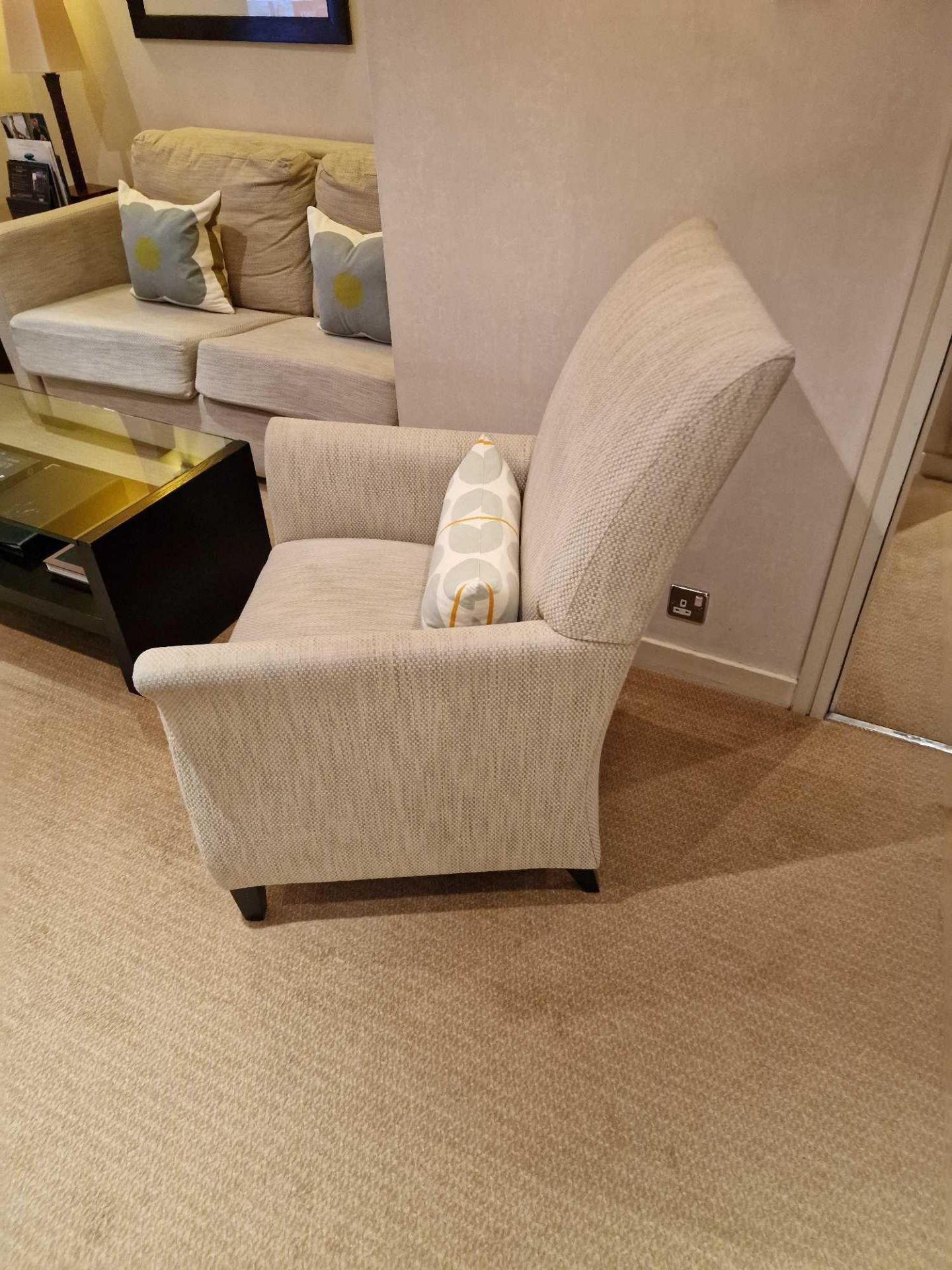 Bernhardt Hospitality Upholstered Lounge Chair In Oatmeal Coloured Fabric On Solid Hardwood Spring - Image 2 of 5