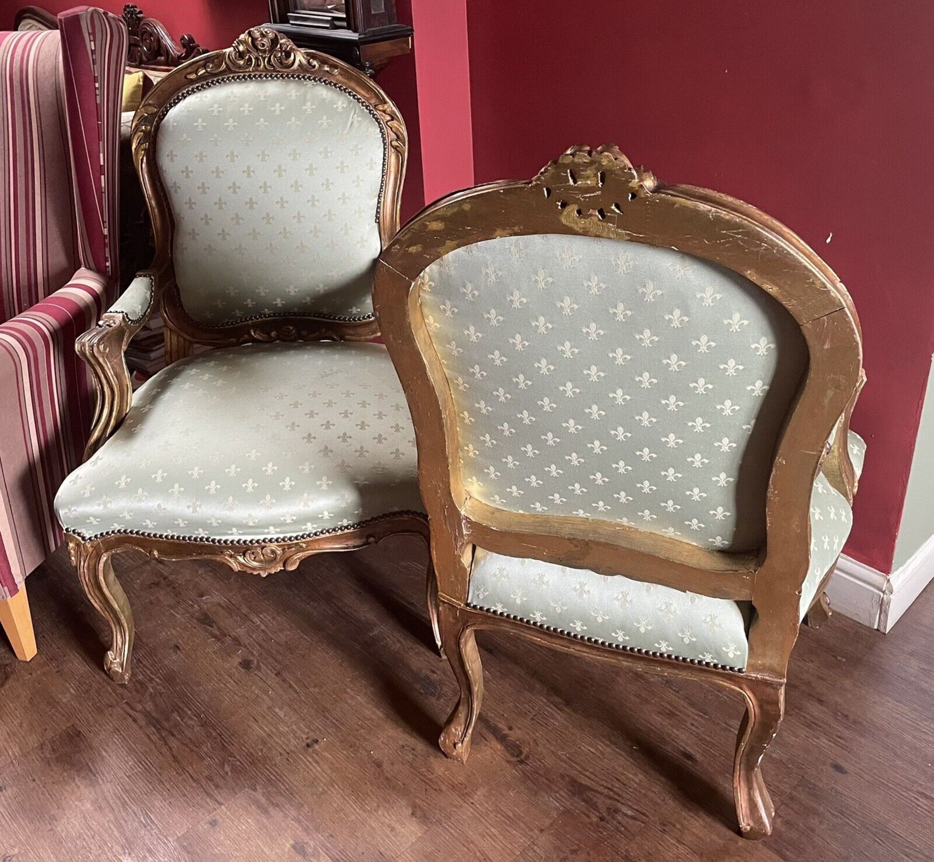 A Pair of Fauteuils In Louis XVI Style Carved Gilt Wood Arm Chairs Upholstered In Fleur De Lys - Image 4 of 10