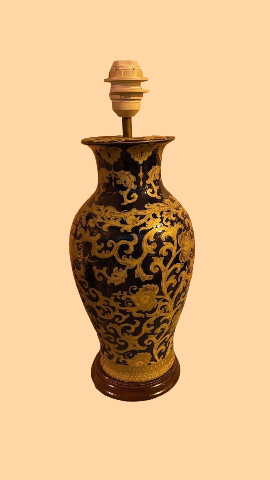 A Ceramic Blue And Gold Decorative Table Lamp On A Wooden Base 48cm