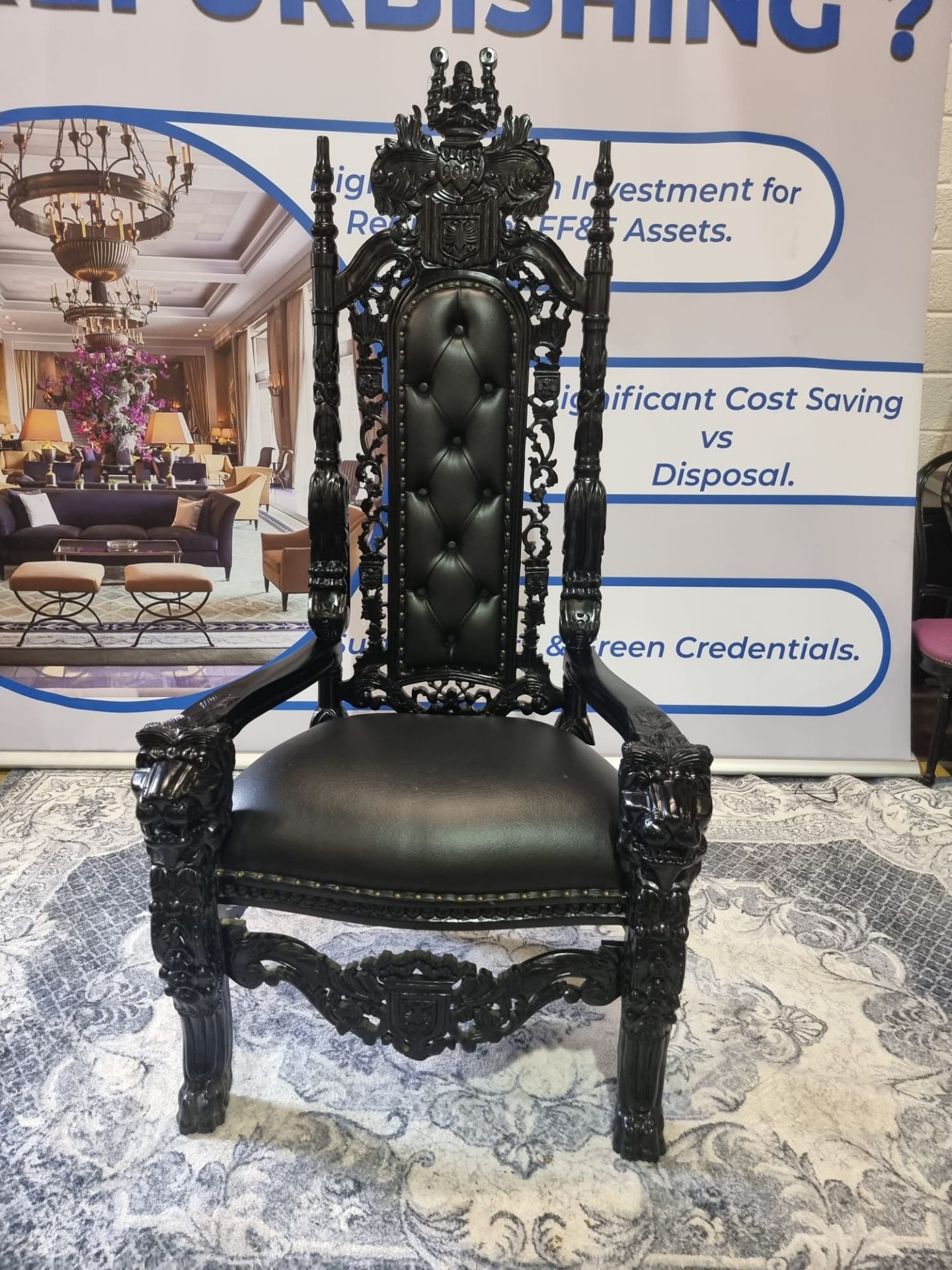 Handmade Mahogany Chair Finished In Painted Ebony Upholstered In Pinned Black Exceptional Detailed - Image 2 of 24