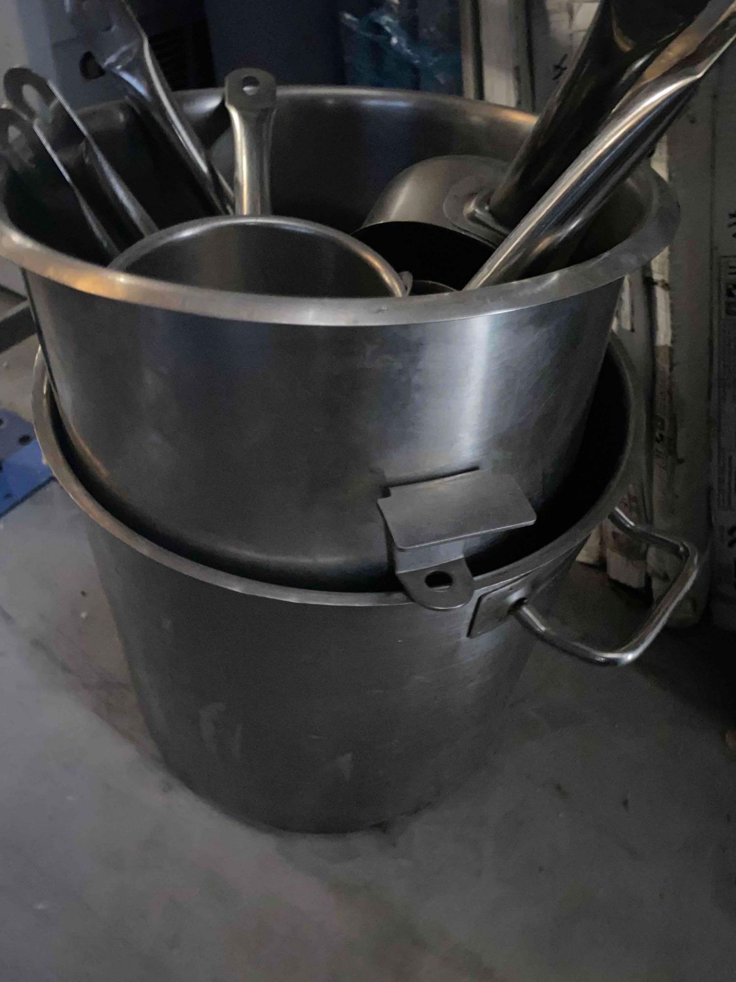 Quantity Of Saucepans, Stock Pot And Machine Mixing Bowl As Found.