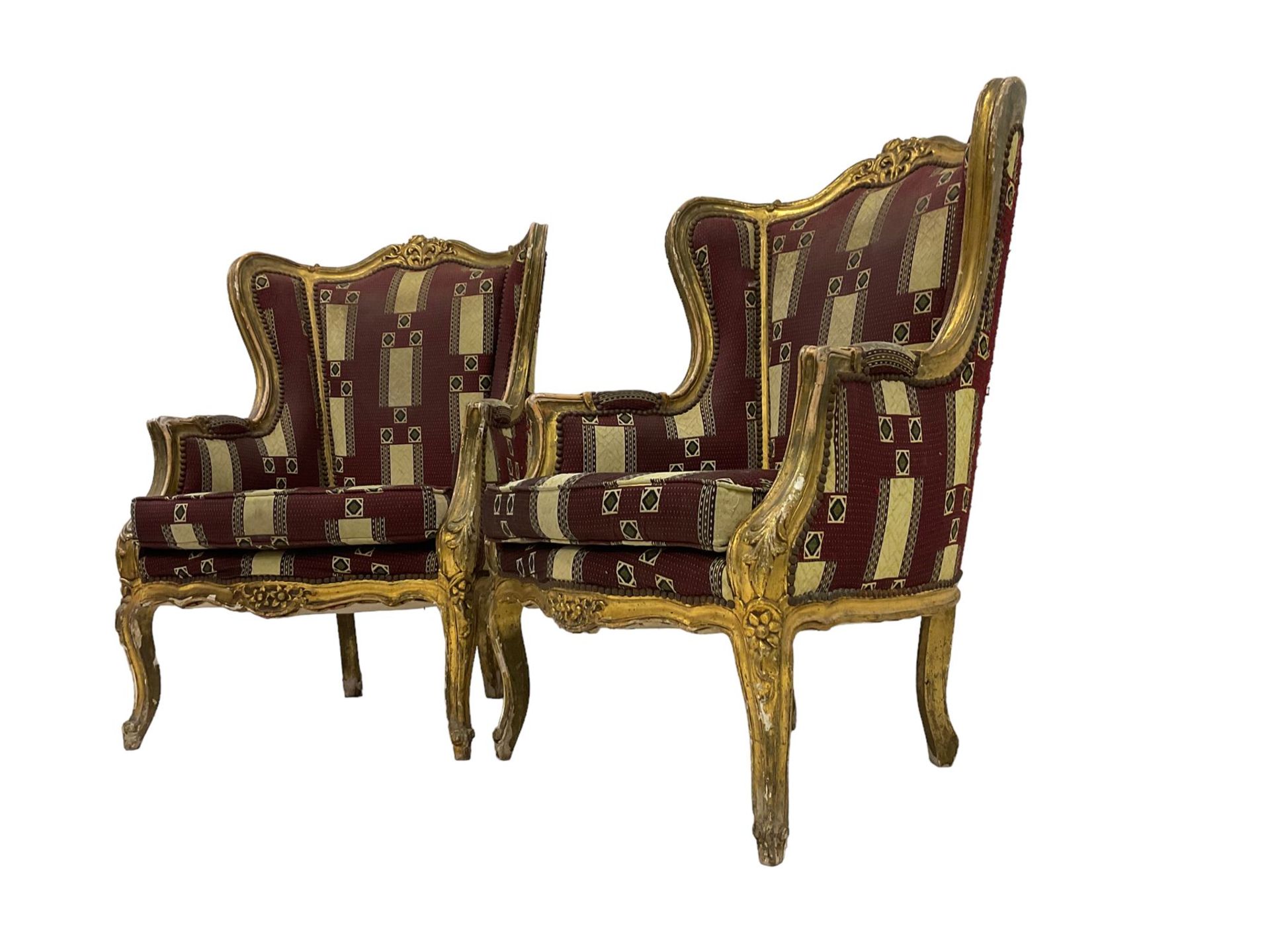 A Pair Louis XV design gilt framed wingback armchairs, the cresting rail carved and moulded with a - Image 4 of 10