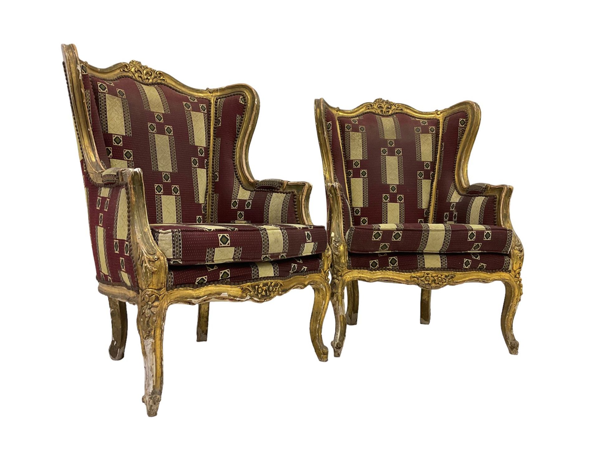 A Pair Louis XV design gilt framed wingback armchairs, the cresting rail carved and moulded with a - Image 5 of 10