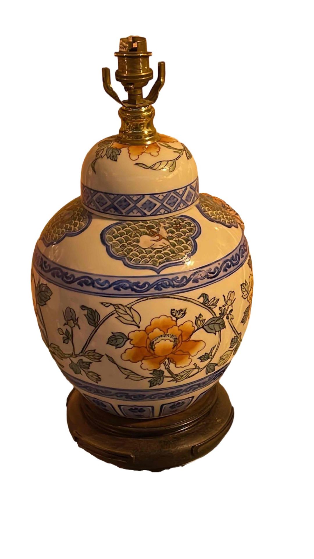 Maitland Smith Hand Painted Porcelain Chinese Ginger Jar Table Lamp With Flowers And Horses On A