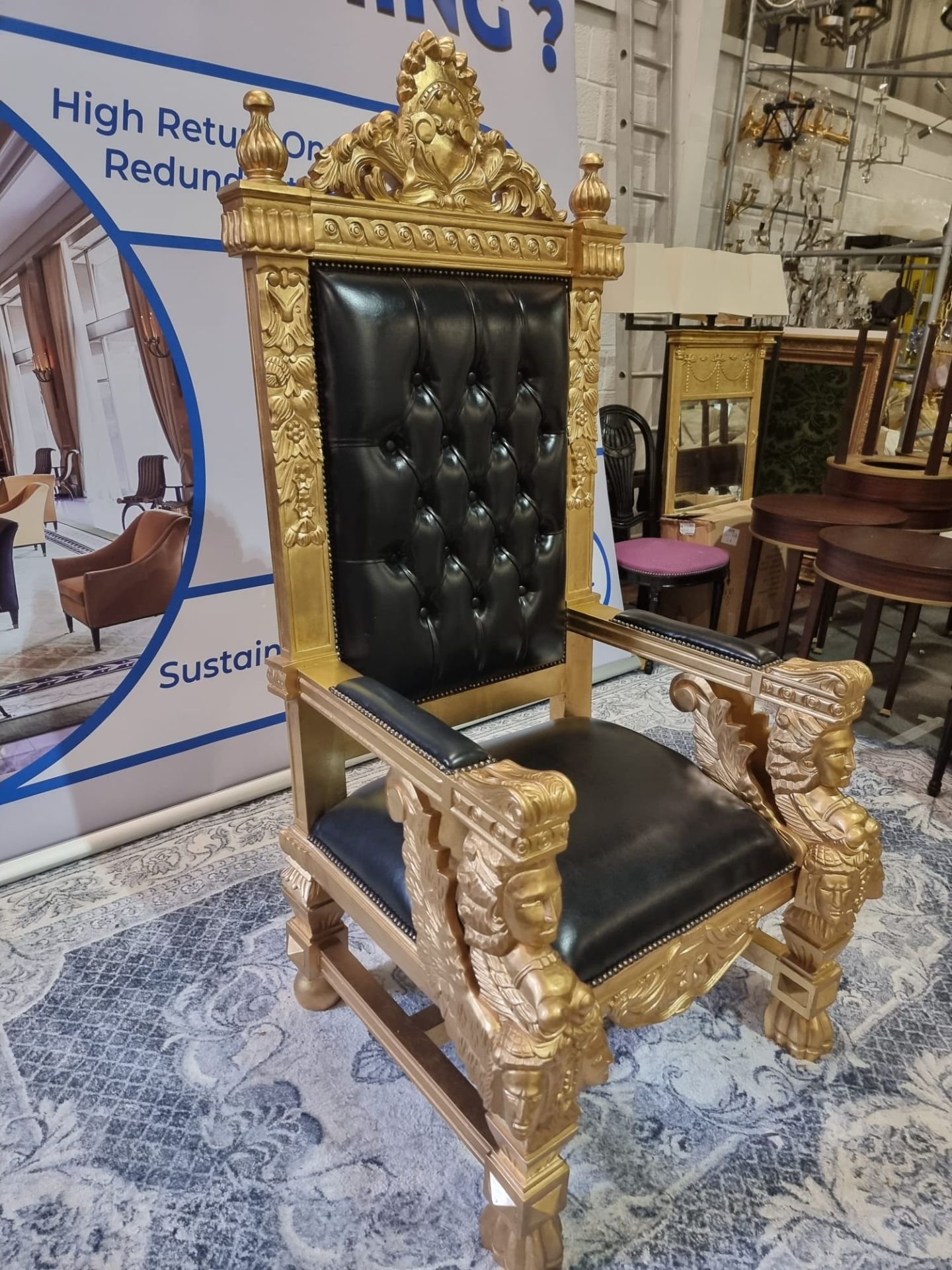 Handmade Mahogany Chair Finished In Painted Matt Gold Upholstered In Pinned Black Exceptional - Image 14 of 21