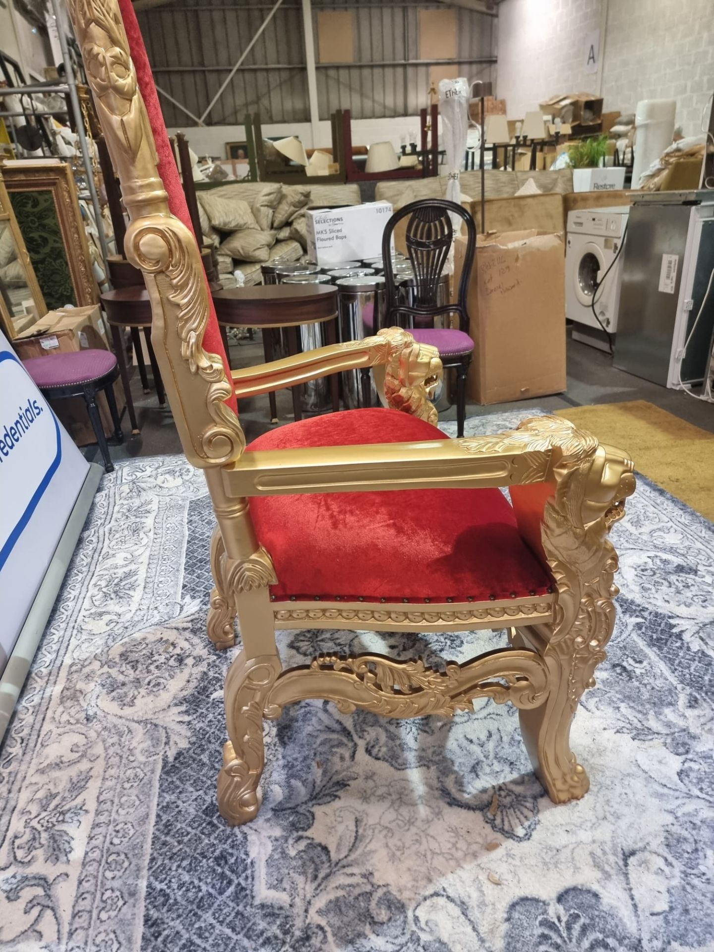 Handmade Mahogany Wood Painted Matt Gold Throne Chair Upholstered In A Pinned Red Velvet Exceptional - Image 5 of 18