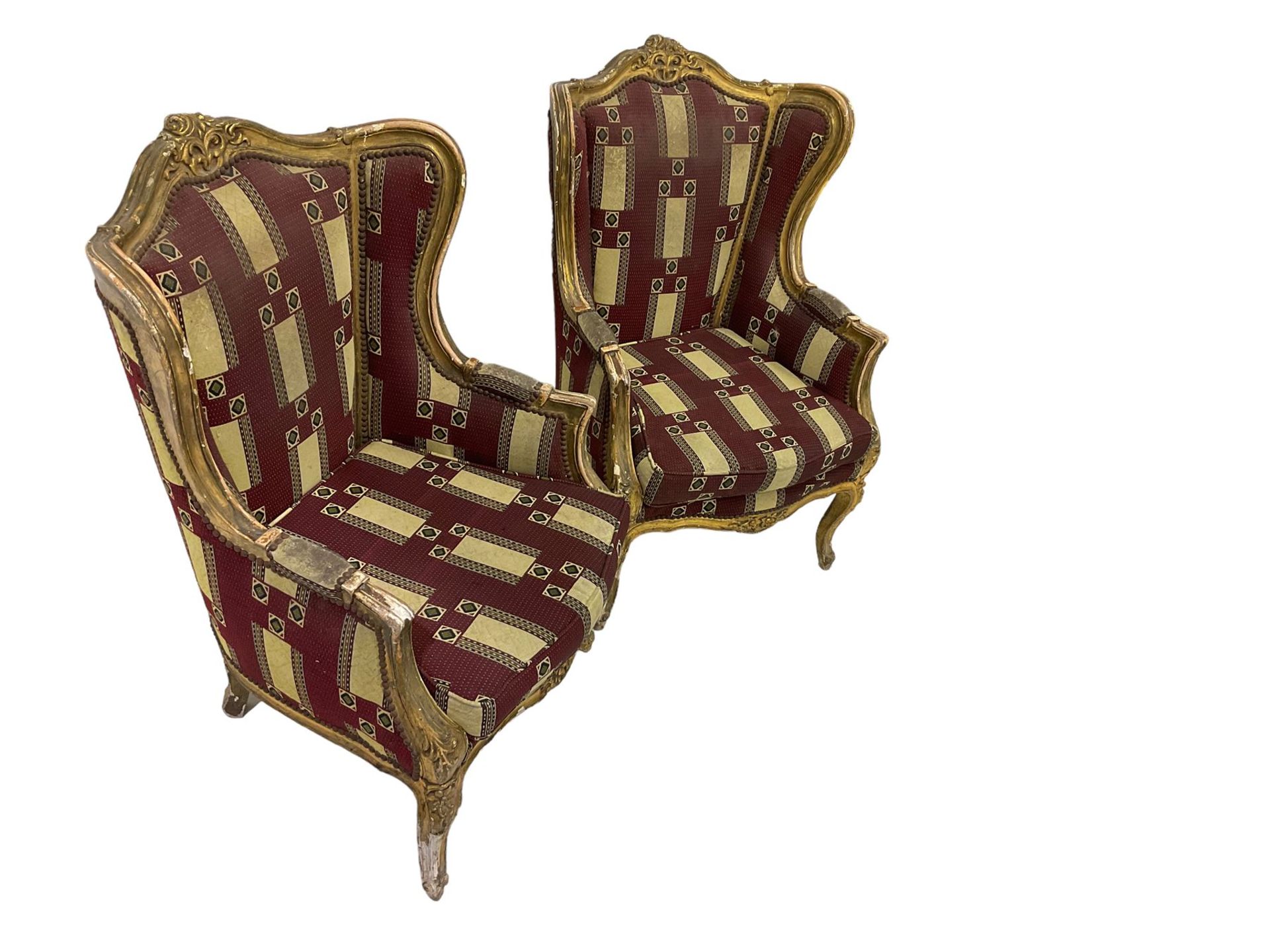 A Pair Louis XV design gilt framed wingback armchairs, the cresting rail carved and moulded with a - Image 6 of 10