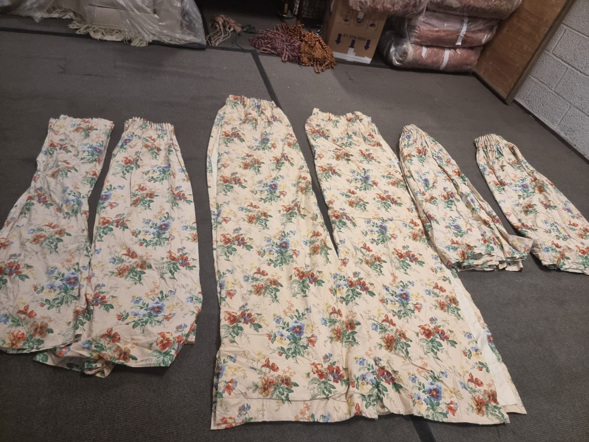 3 x pairs of cotton chintz style cream drapes 1 x 215cm wide x 70cm drop 1 x 155cm x 70cm and 1 x