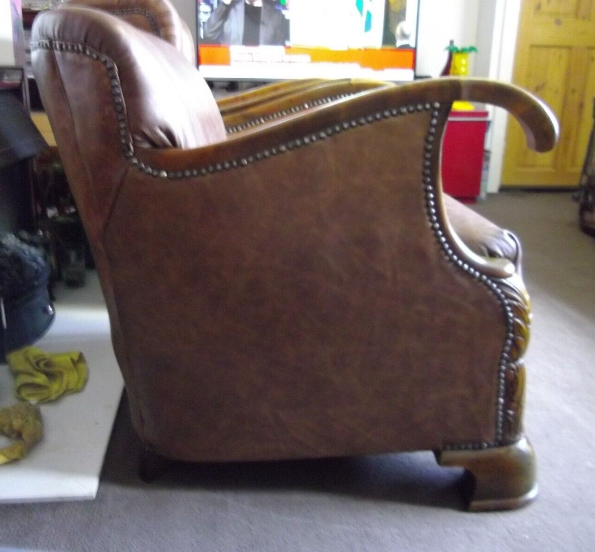 Leather Armchair Continental Oak Frame With Recently Upholstered Vintage 100% Leather Upholstery - Image 4 of 13