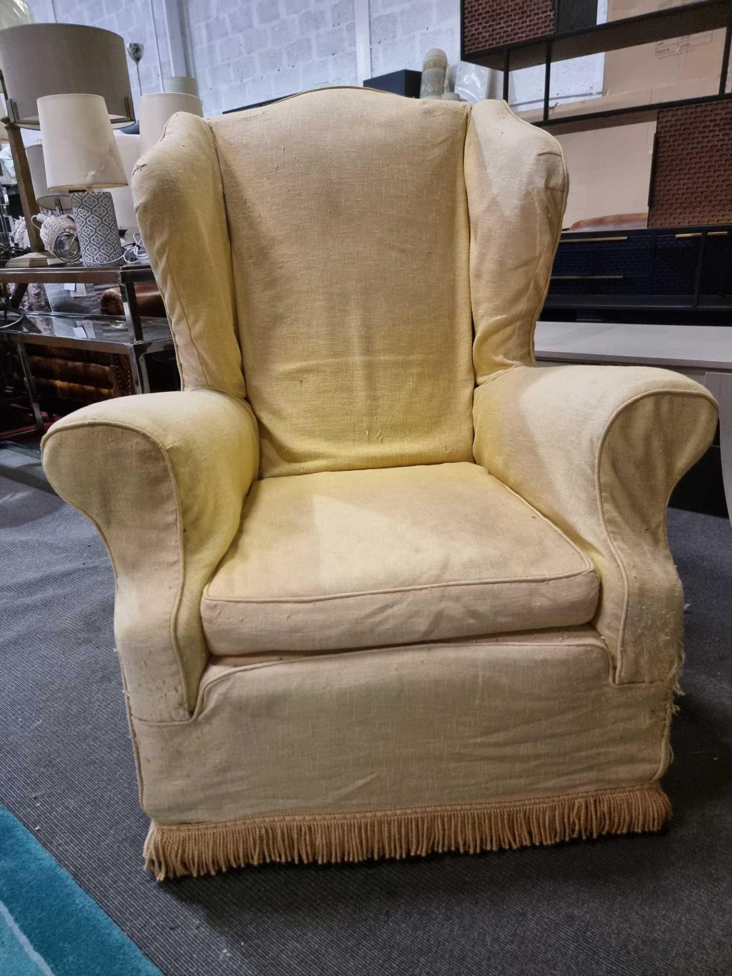 Wing Back Armchair Classic Styled Wing Arm Chair Framed And Upholstered In A Gold Yellow Cover - Bild 7 aus 7