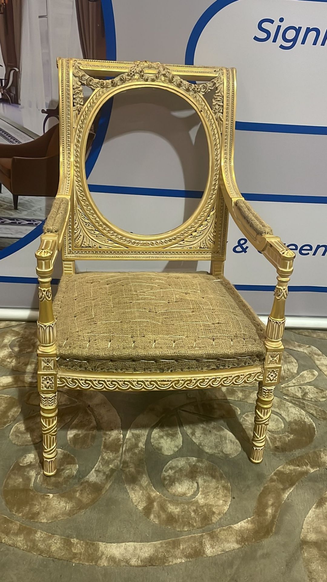 Gold Showood Armchair Frame Ornate Carving Ready For Upholstery Completion 55 x 62 x 102cm