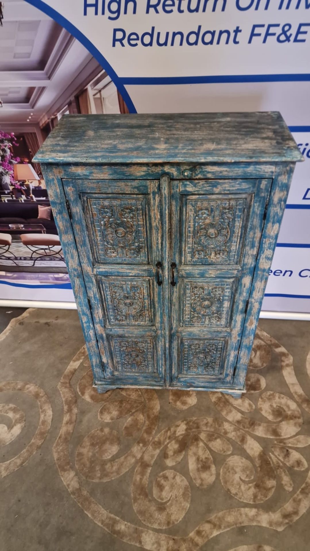 Handcrafted Two Door Distressed Painted Cabinet This Is A Beautiful Carved Cabinet That Has Been - Image 2 of 3