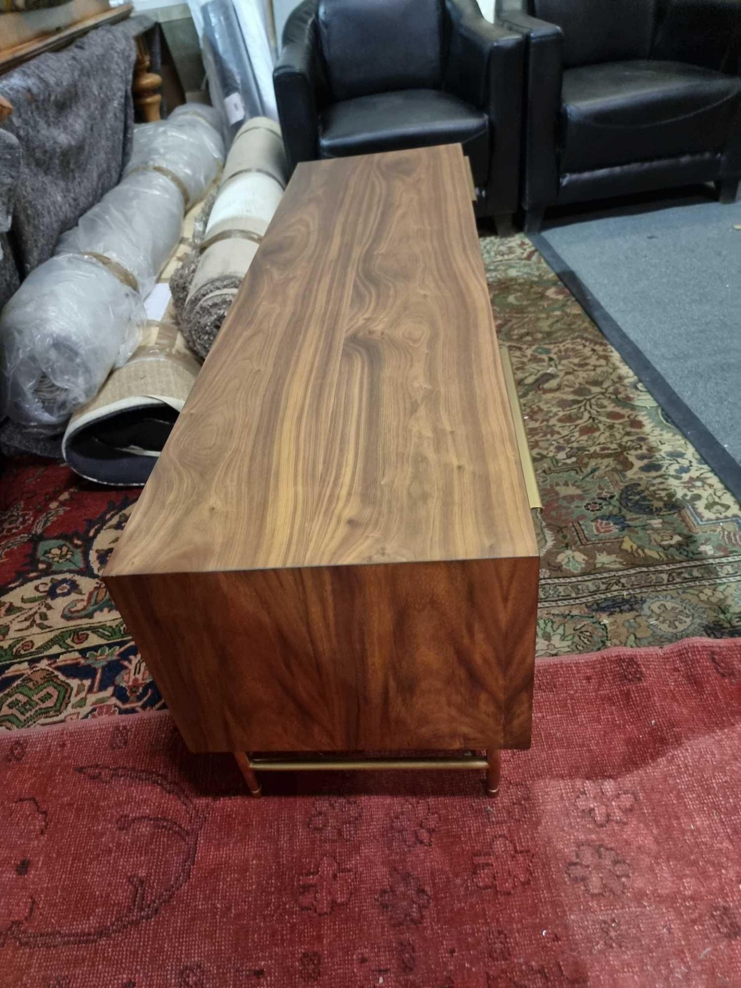 Combe Walnut Media Unit Solid And Veneer Black American Walnut With Honeycomb Carved Door Mounted on - Image 6 of 7