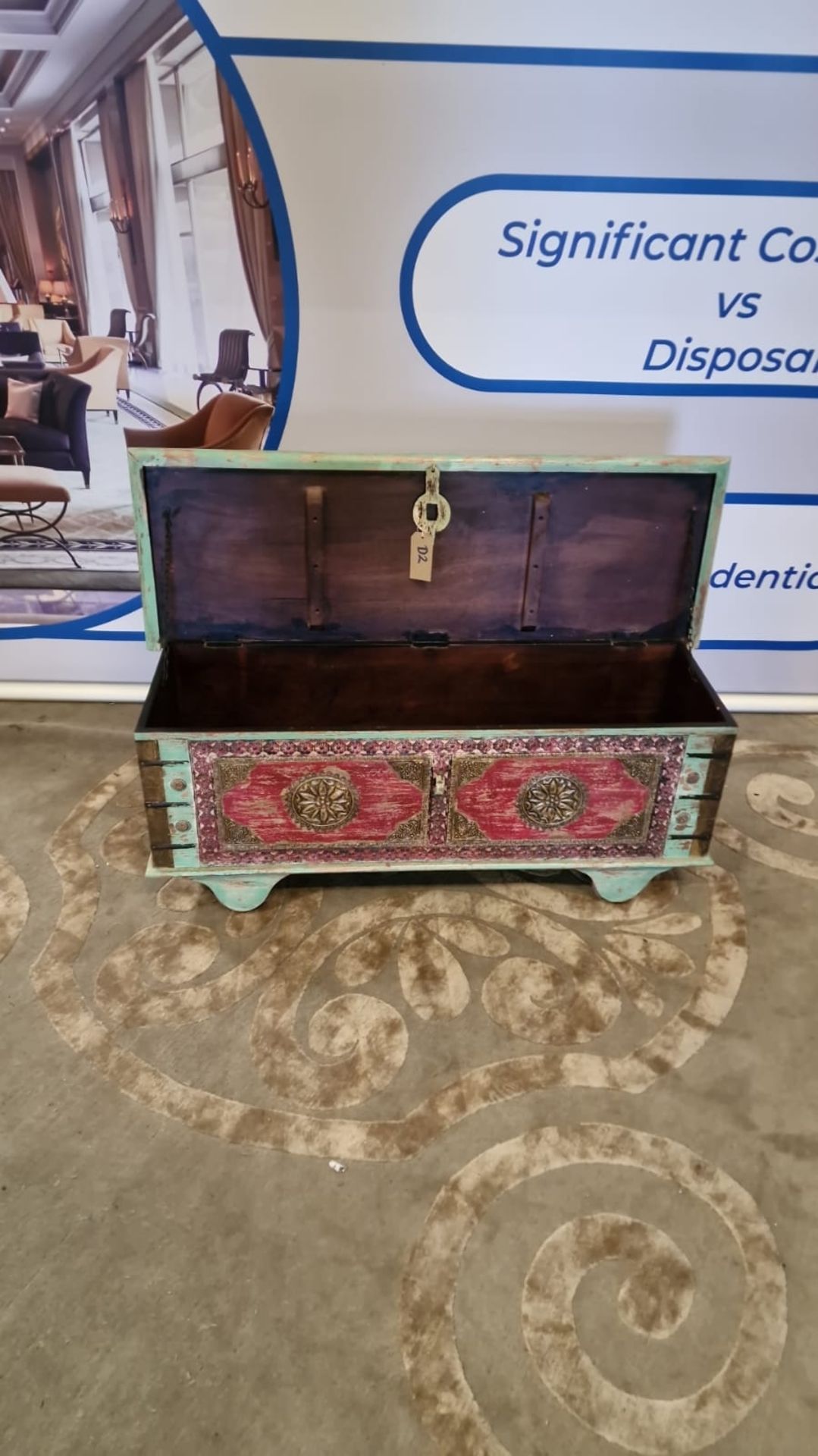 Craftsmen Indian Hand-Carved And Painted Trunk With Patina Distressed Look With Chain Lid 116 X40 - Image 3 of 3