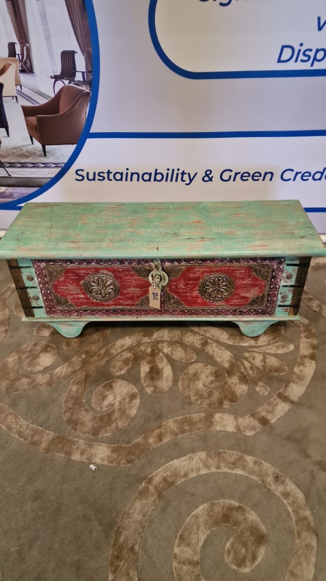 Craftsmen Indian Hand-Carved And Painted Trunk With Patina Distressed Look With Chain Lid 116 X40