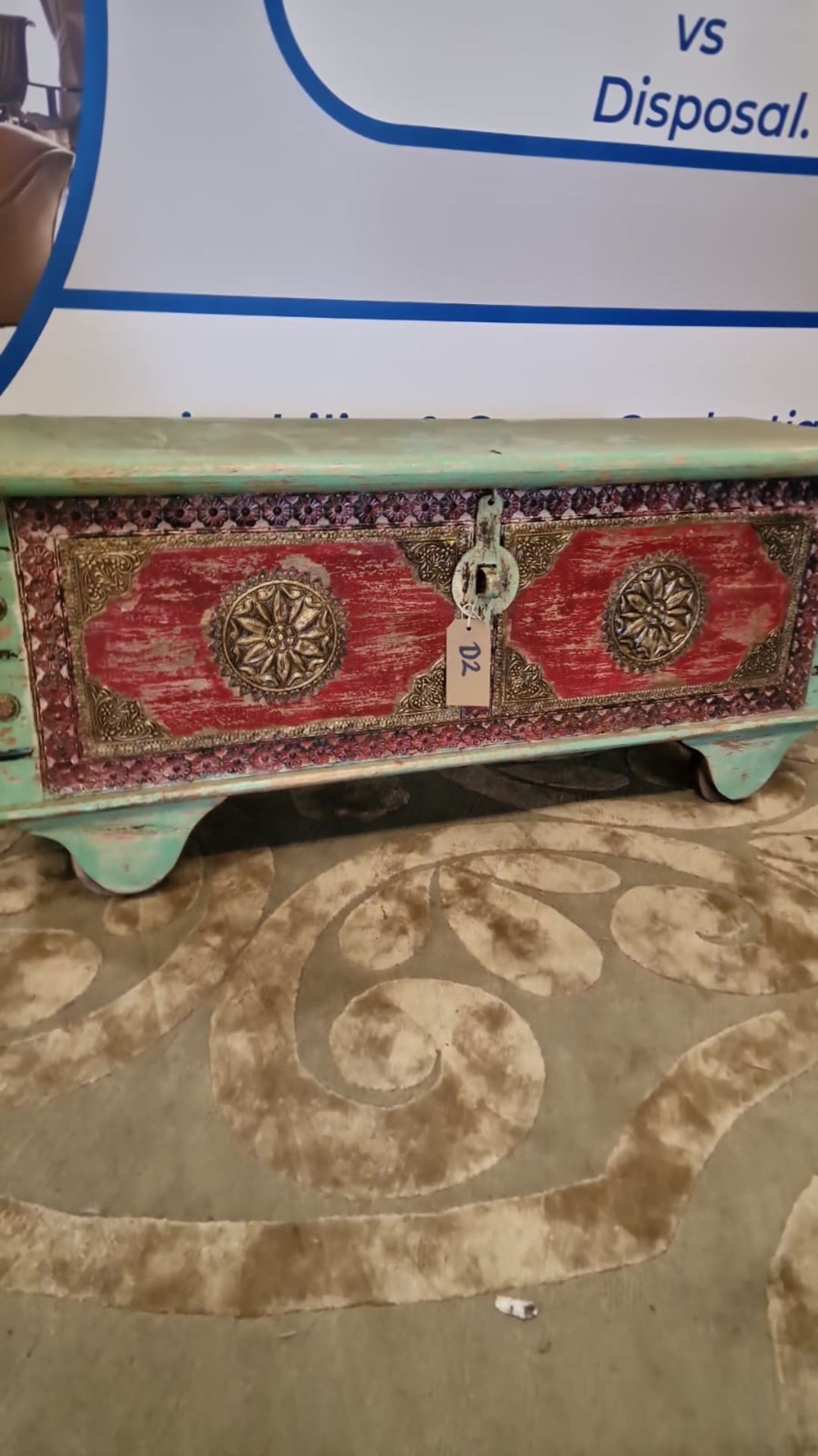 Craftsmen Indian Hand-Carved And Painted Trunk With Patina Distressed Look With Chain Lid 116 X40 - Image 2 of 3
