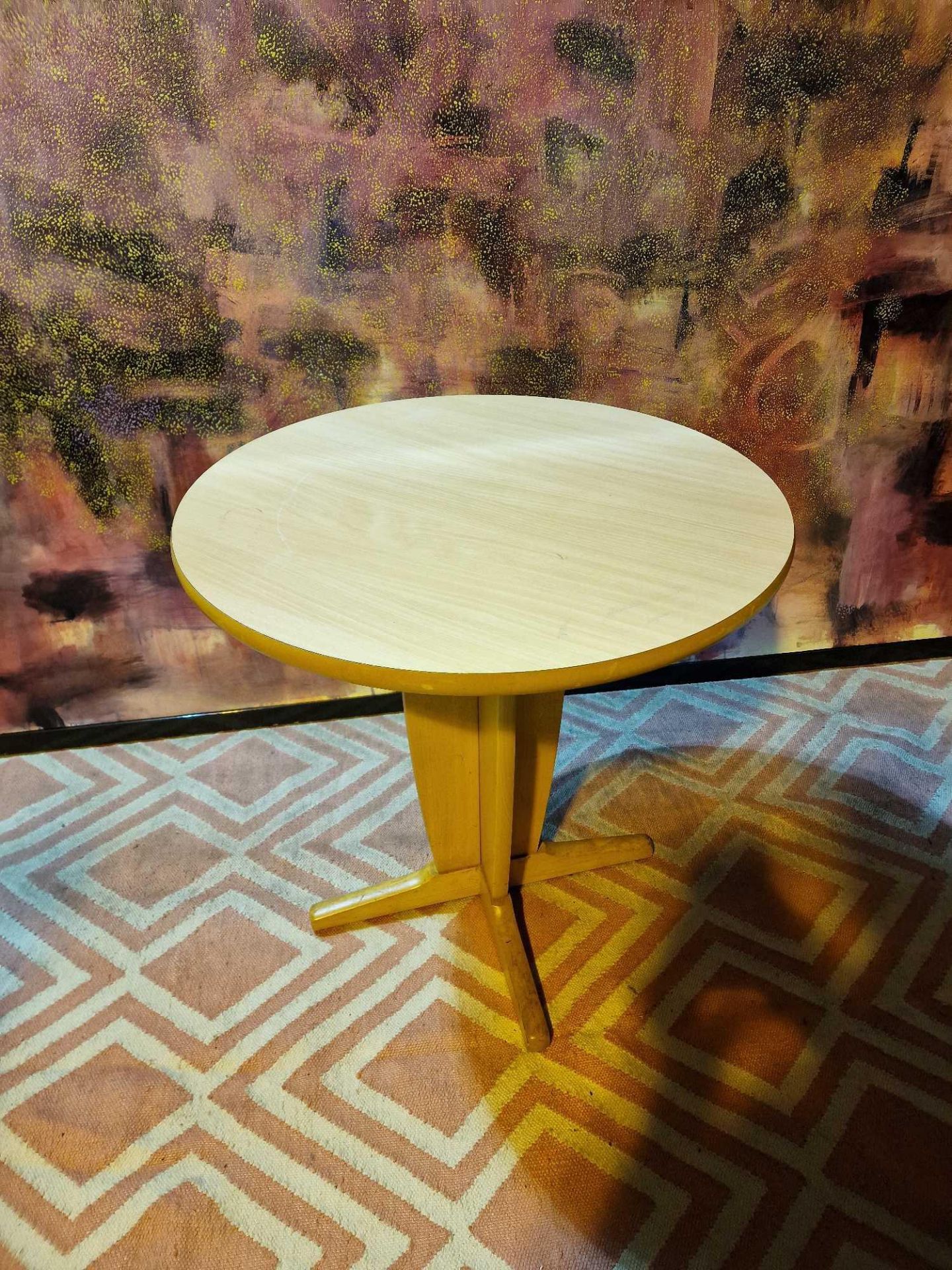 2 x beech mid century style dining tables the circular 74cm top mounted on a pedestal quad form base