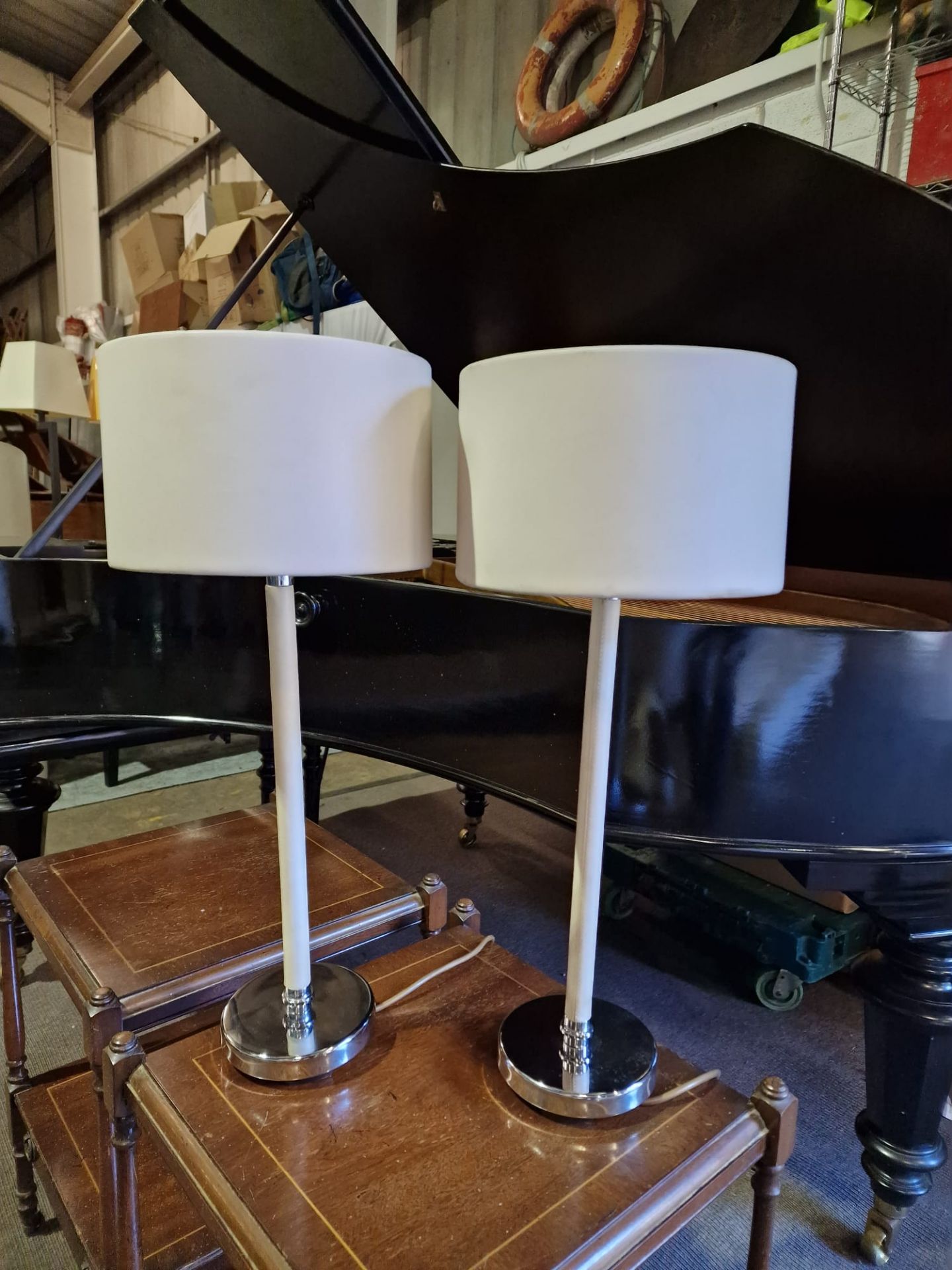 A pair of Porta Romana Huxley Table Lamps Leather and steel with patinated brass complete with - Image 5 of 6