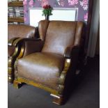 Leather Wingback Continental Oak Frame Armchair With Recently Upholstered Vintage 100% Leather