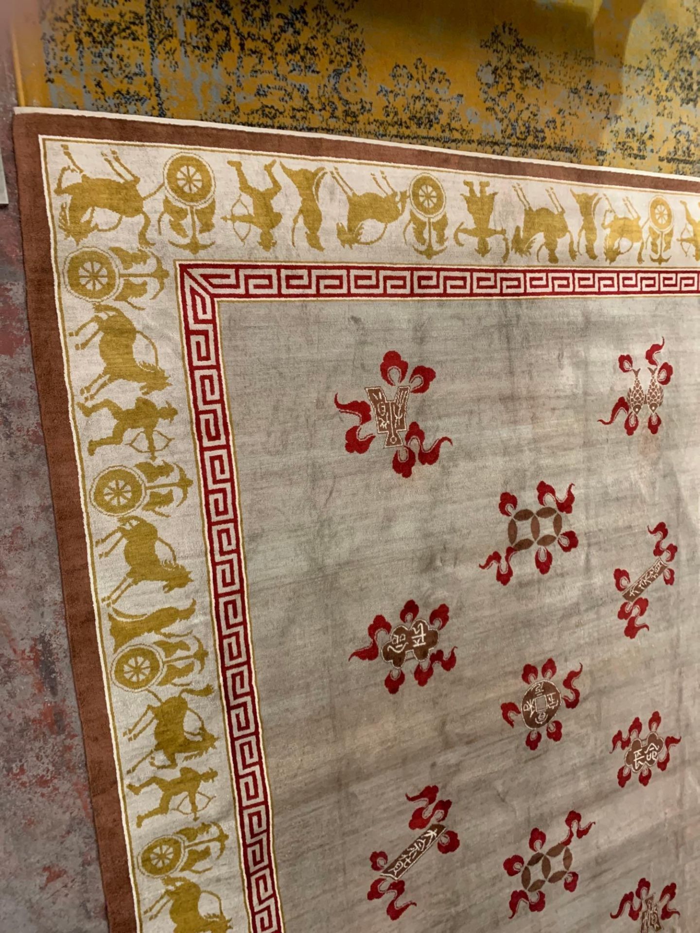 A Chinese Silk Carpet, Tientsin, Silk on Silk Foundation. The ivory field with a central column of - Image 25 of 27