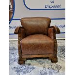 Leather Armchair Continental Oak Frame With Recently Upholstered Vintage 100% Leather Upholstery