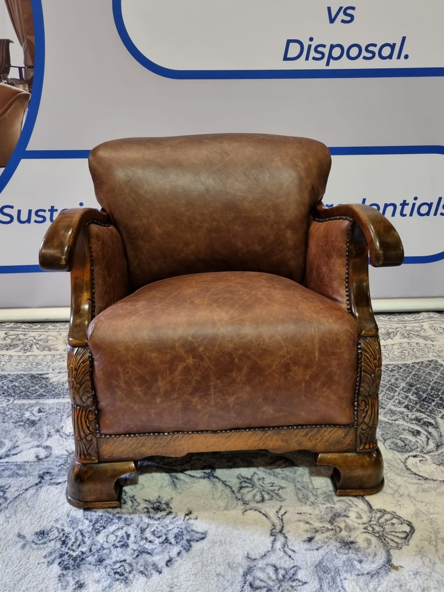 Leather Armchair Continental Oak Frame With Recently Upholstered Vintage 100% Leather Upholstery