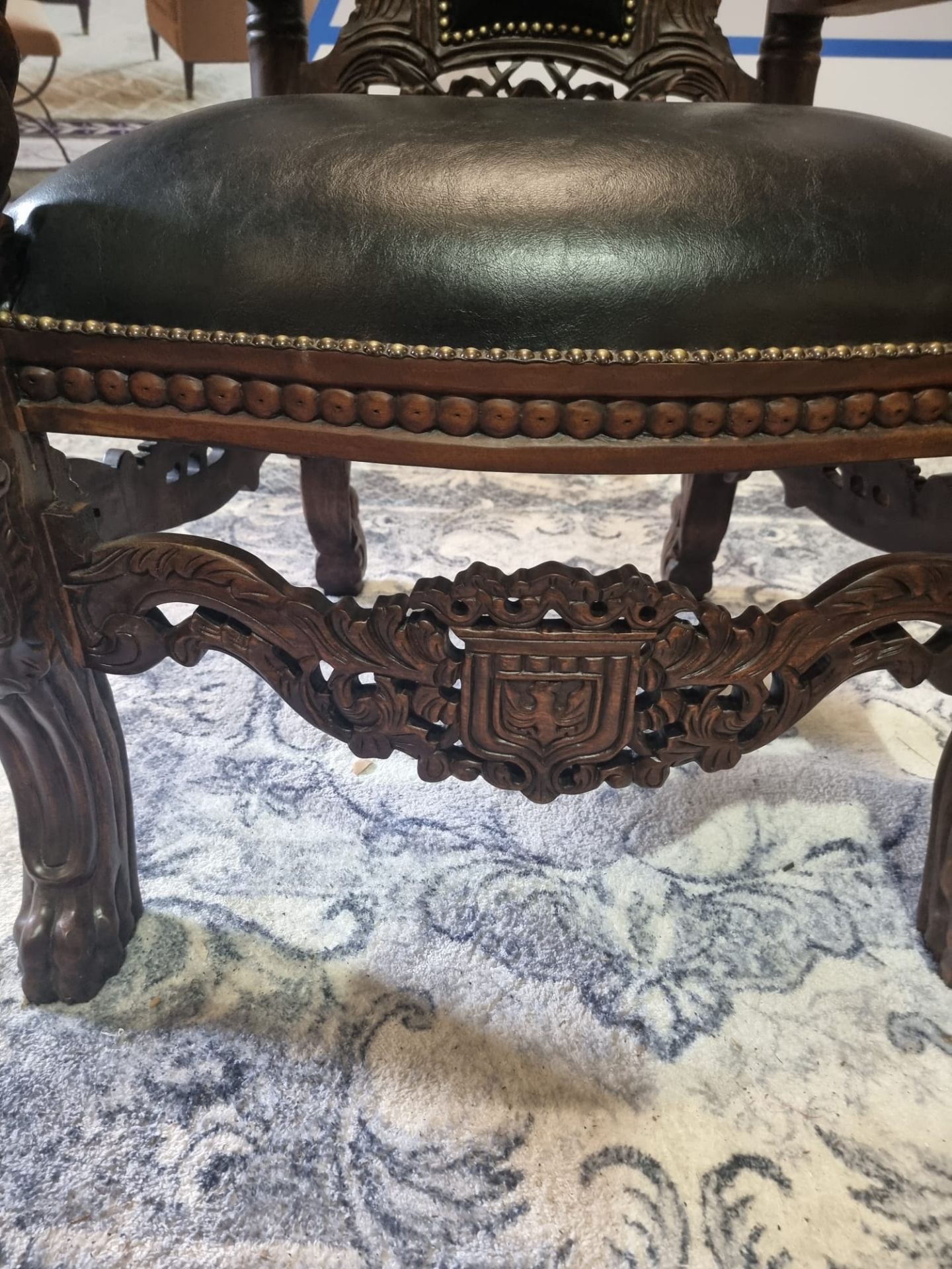Handmade mahogany chair upholstered in a pinned black exceptional detailed carving. This antique - Image 12 of 18
