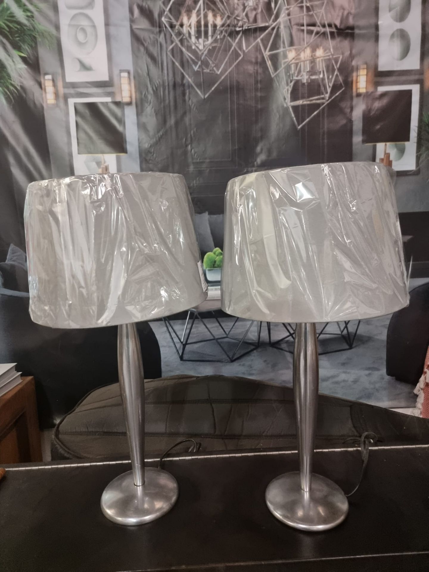 A pair of Lucien Gau Paris LG Paris Nickel Table Lamp with brand new grey shade 54cm tall - Bild 2 aus 8