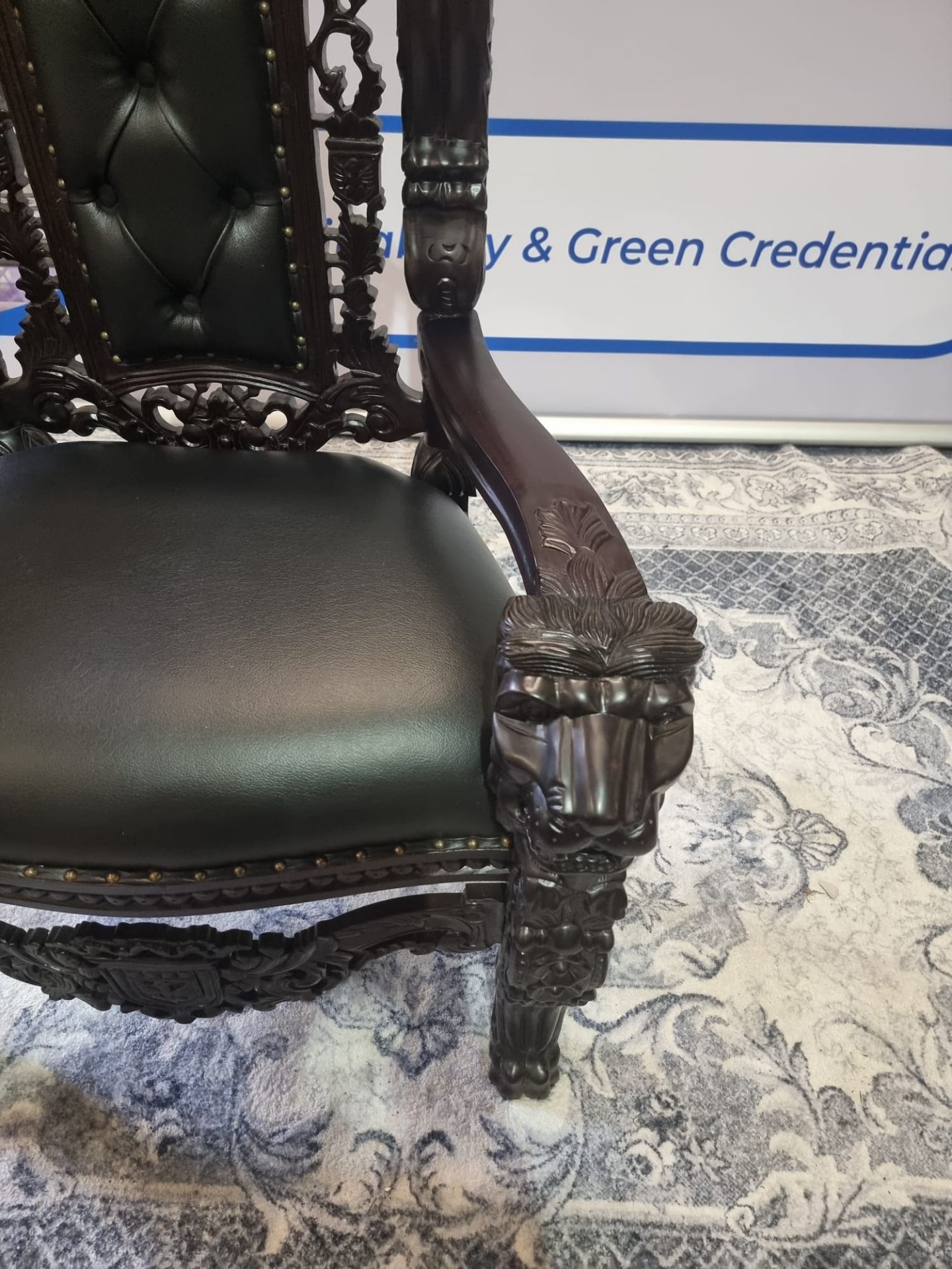 Handmade mahogany chair upholstered in a pinned black exceptional detailed carving. This antique - Image 17 of 20