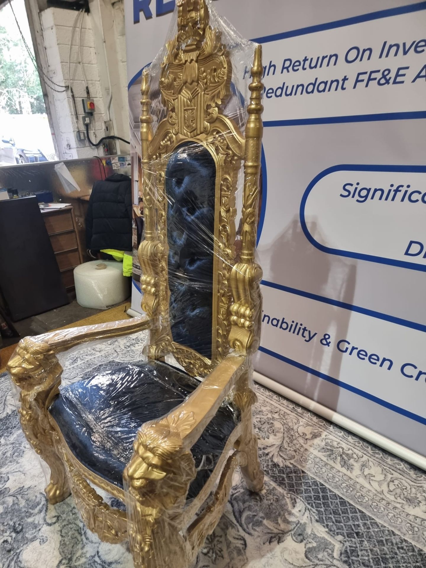 Handmade mahogany chair painted gold upholstered in a pinned royal blue velvet exceptional - Image 2 of 16