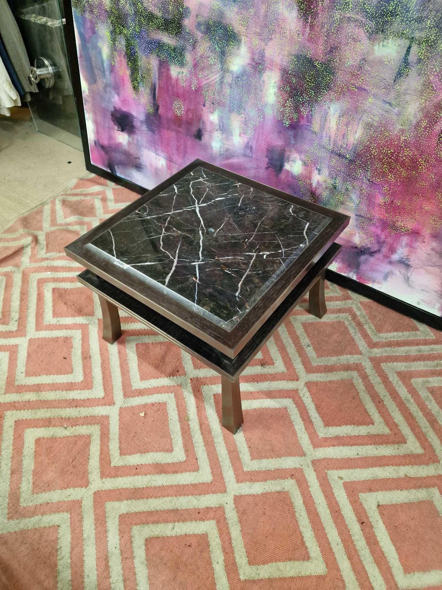 Lamp table bronze and black marble on dark walnut frame 60 x 60 x 46cm