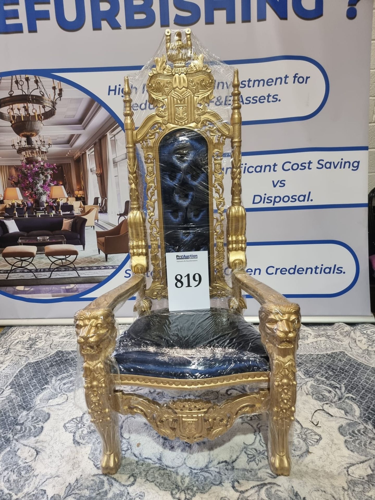 Handmade mahogany chair painted gold upholstered in a pinned royal blue velvet exceptional - Image 8 of 18