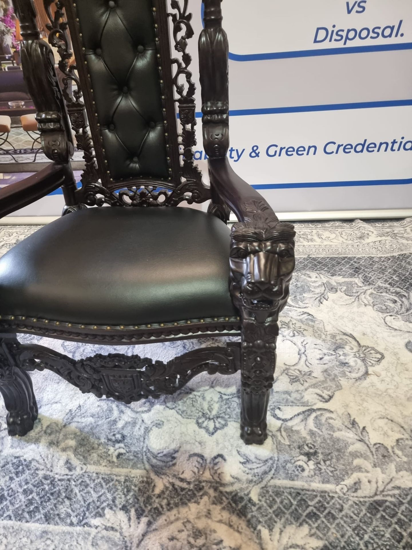 Handmade mahogany chair upholstered in a pinned black exceptional detailed carving. This antique - Image 16 of 20