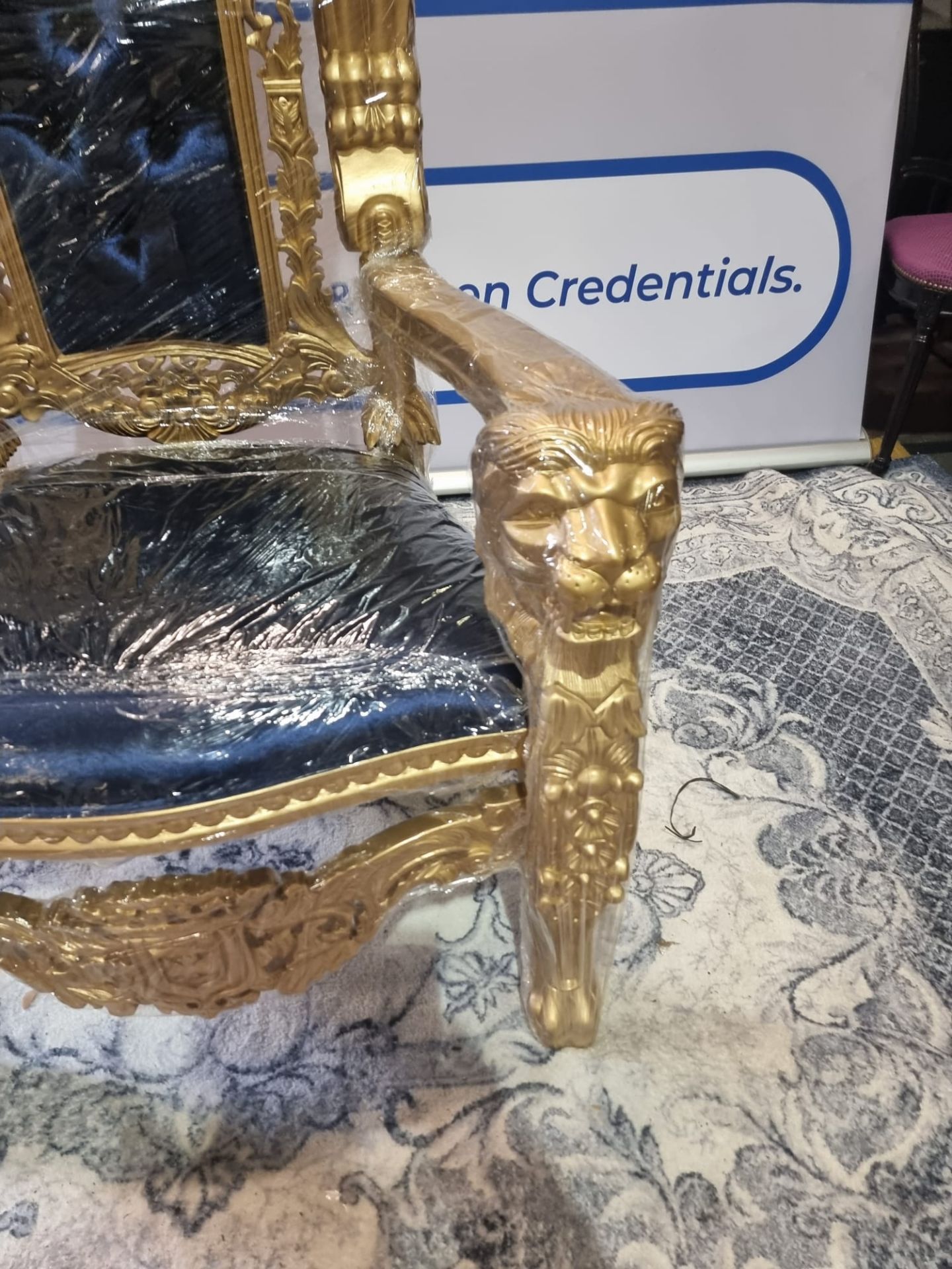 Handmade mahogany chair painted gold upholstered in a pinned royal blue velvet exceptional - Image 17 of 18