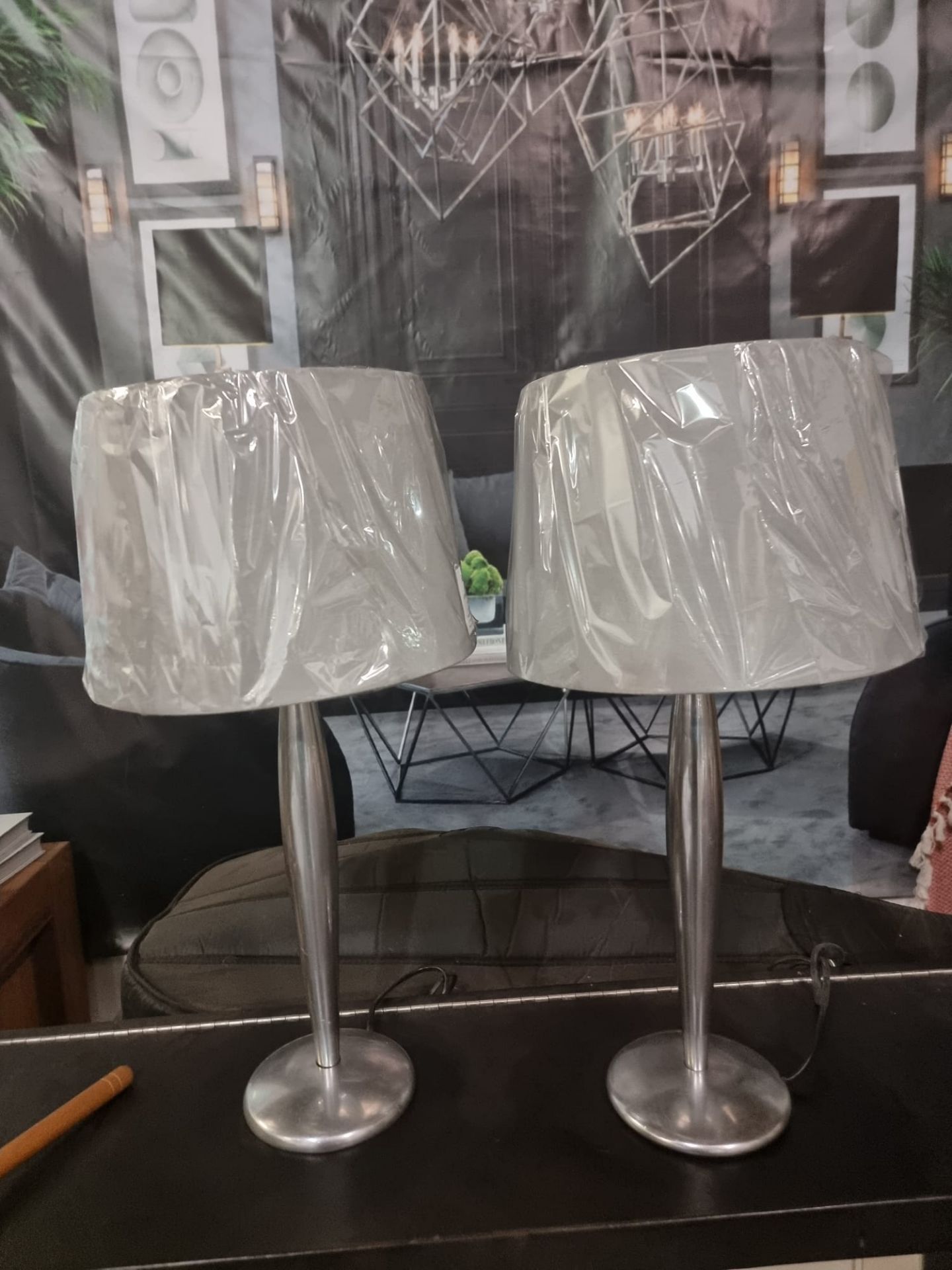 A pair of Lucien Gau Paris LG Paris Nickel Table Lamp with brand new grey shade 54cm tall