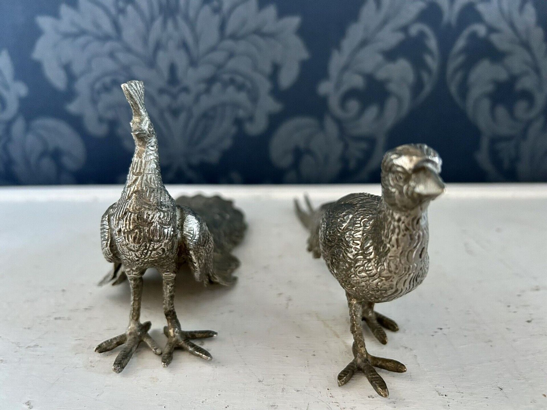 Italian Silver Plated Hollow Cast Table Centrepiece figurines Of Pheasants Male & Female Pair Male - Image 2 of 11