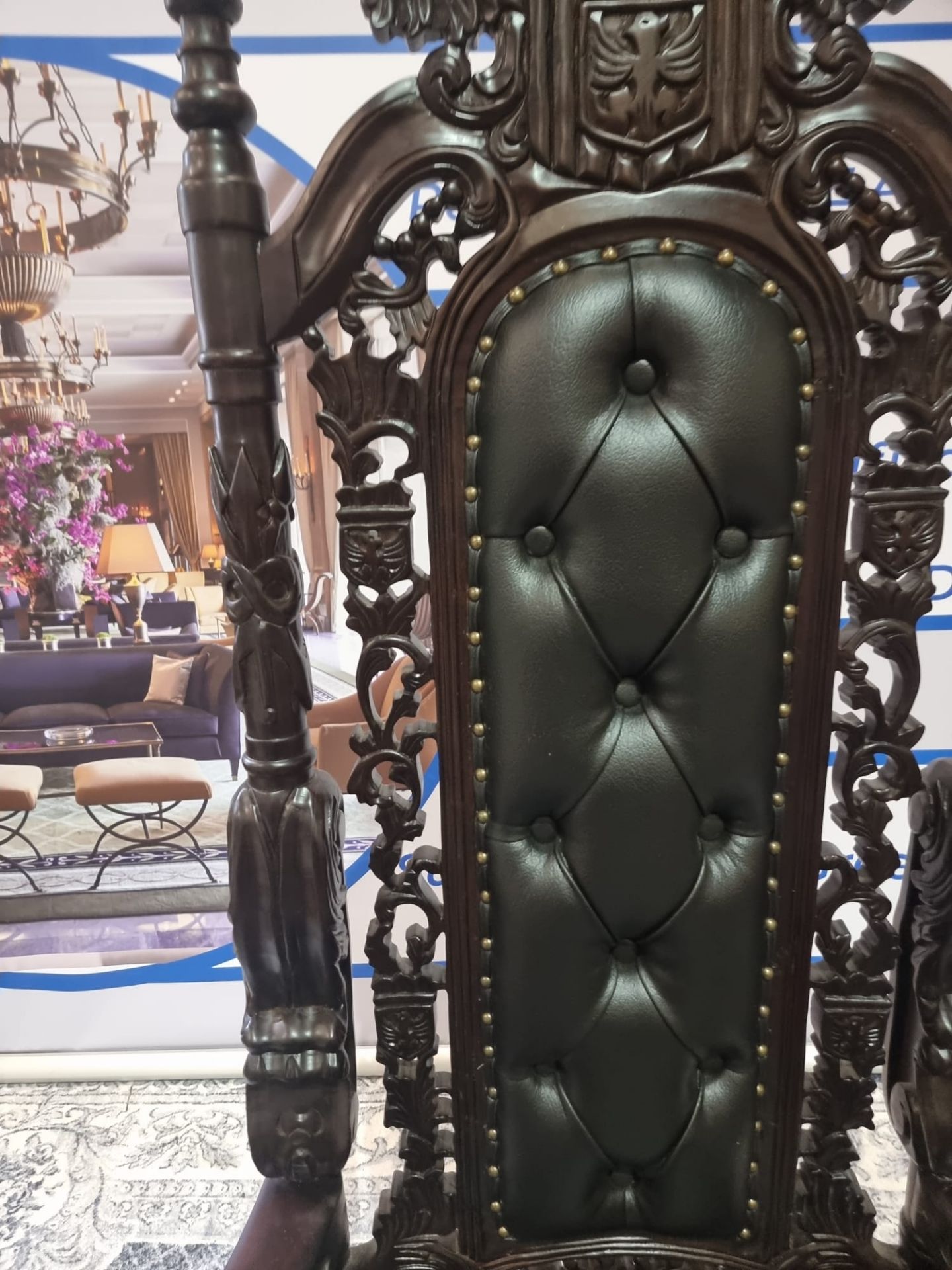 Handmade mahogany chair upholstered in a pinned black exceptional detailed carving. This antique - Image 6 of 20