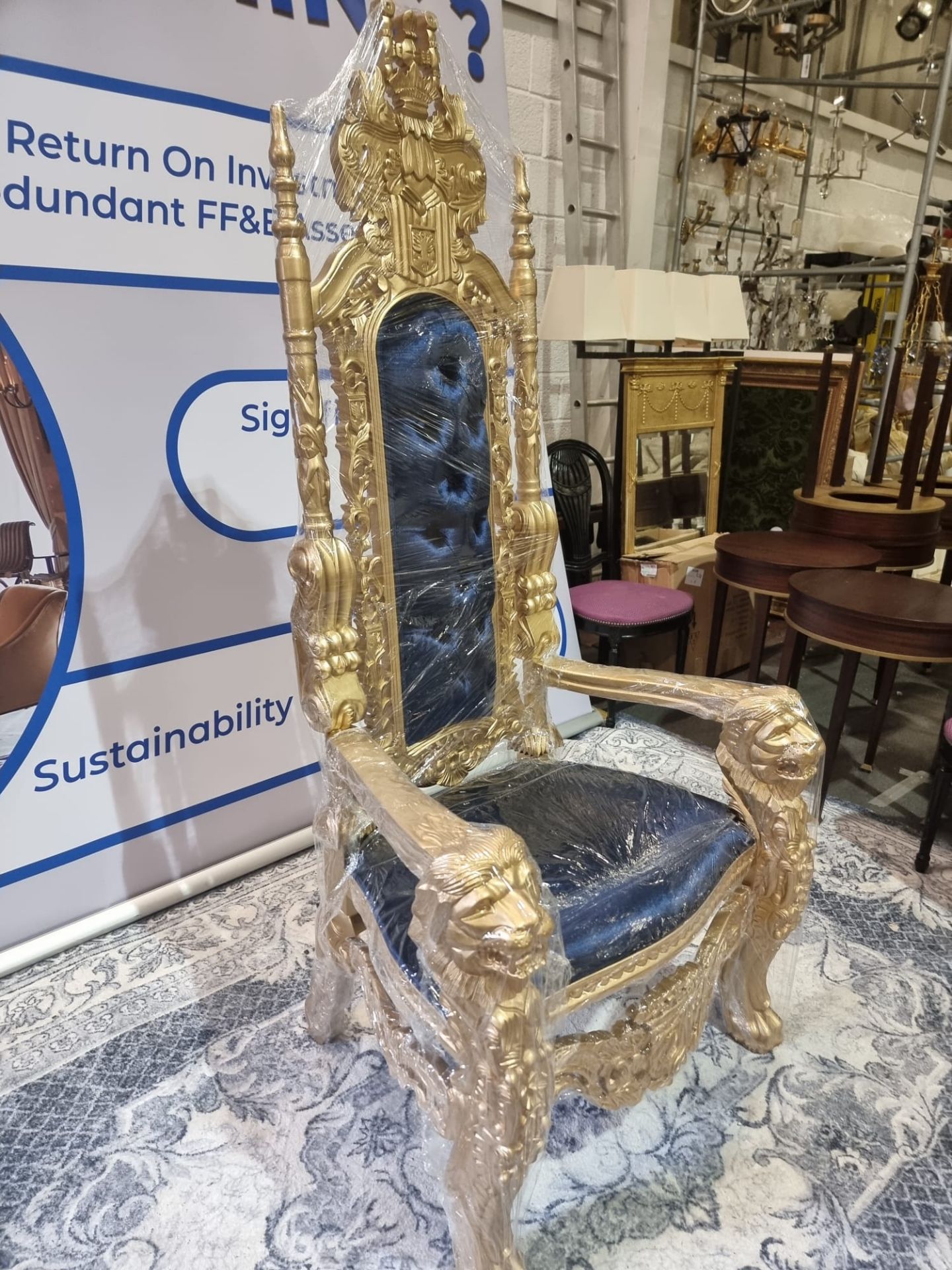 Handmade mahogany chair painted gold upholstered in a pinned royal blue velvet exceptional - Image 16 of 18