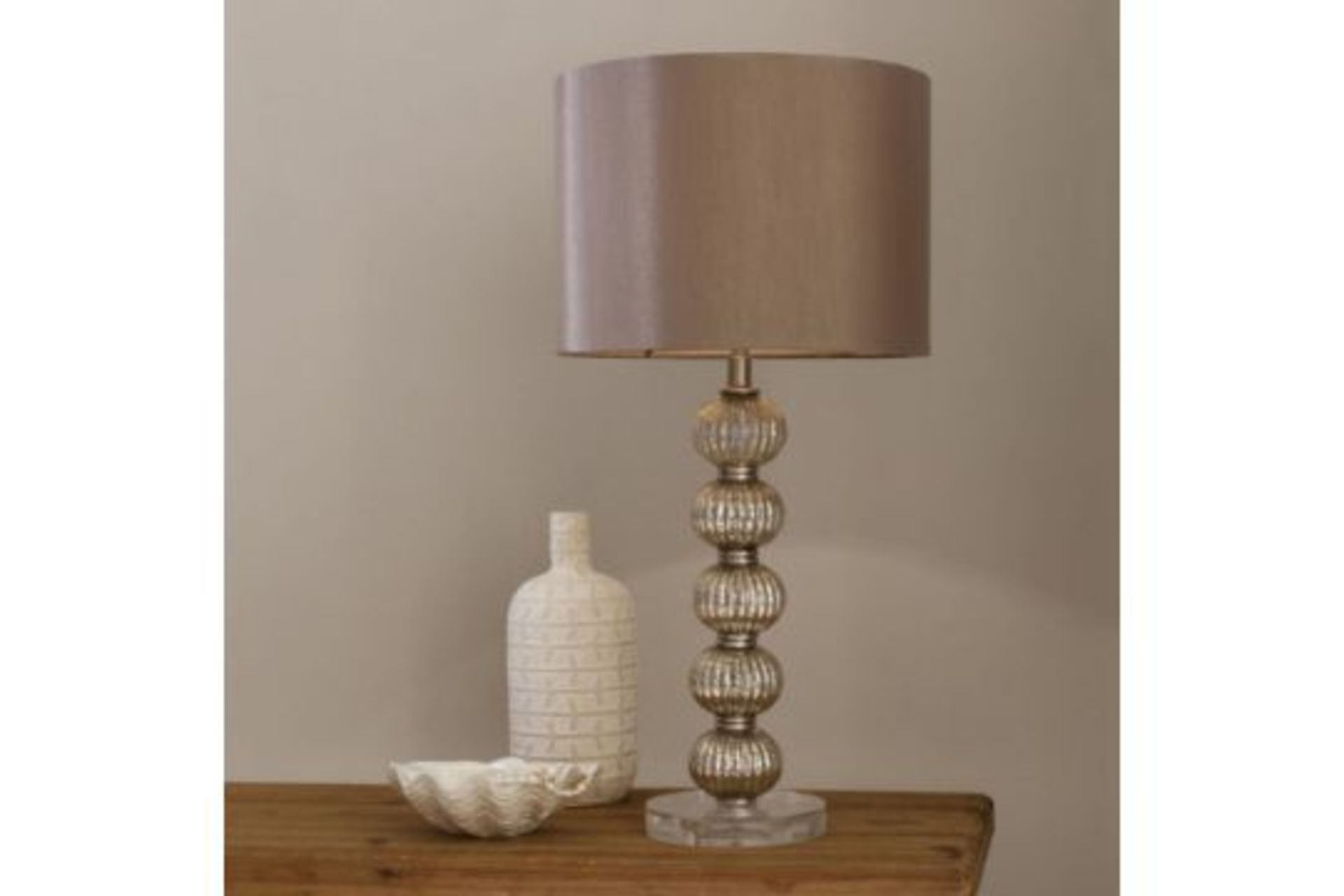 Adriana Table Lamp Stacked Glass Bauble Base Dusky Rose Satin Shade Brighten Up Your Home And