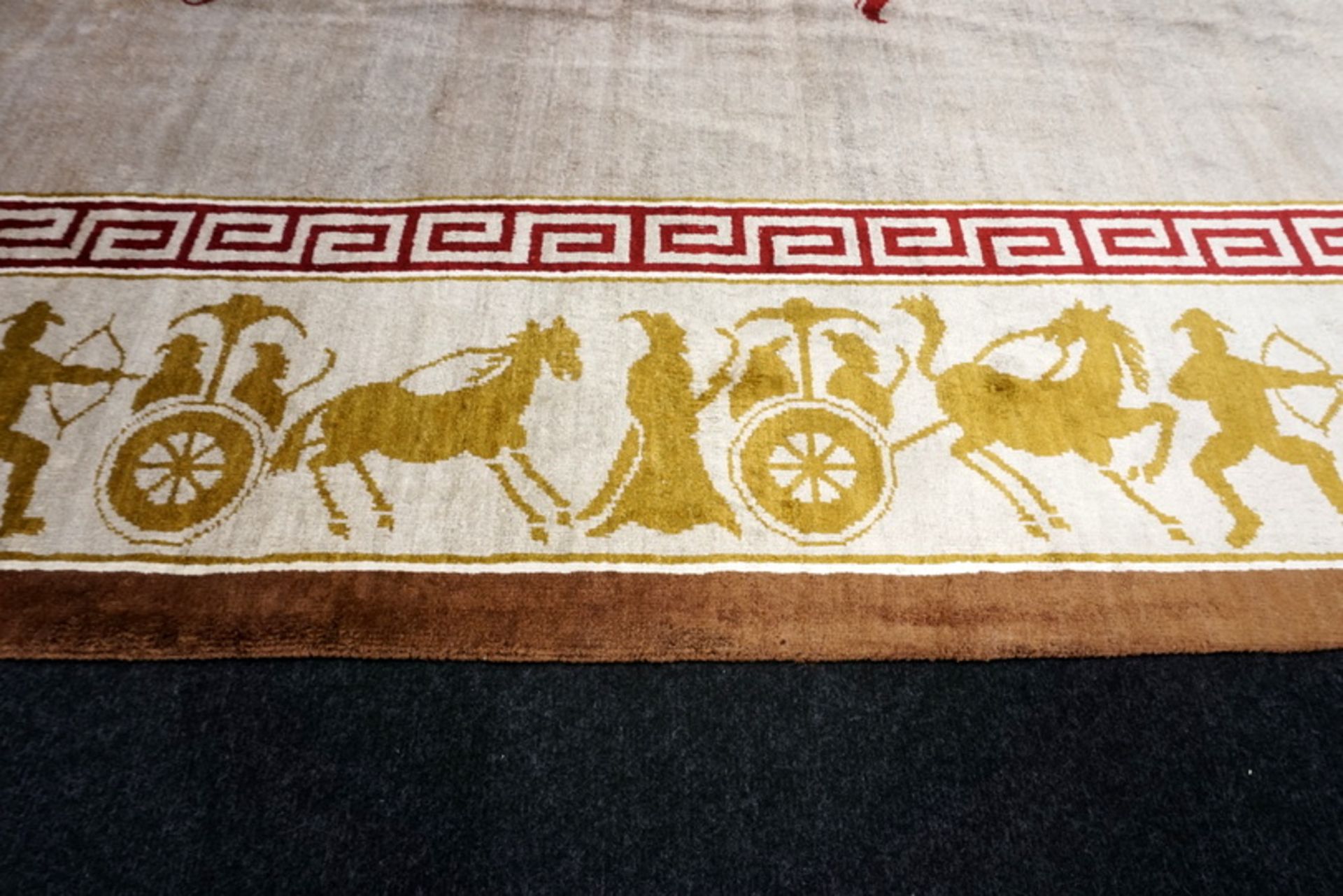 A Chinese Silk Carpet, Tientsin, Silk on Silk Foundation. The ivory field with a central column of - Image 16 of 27