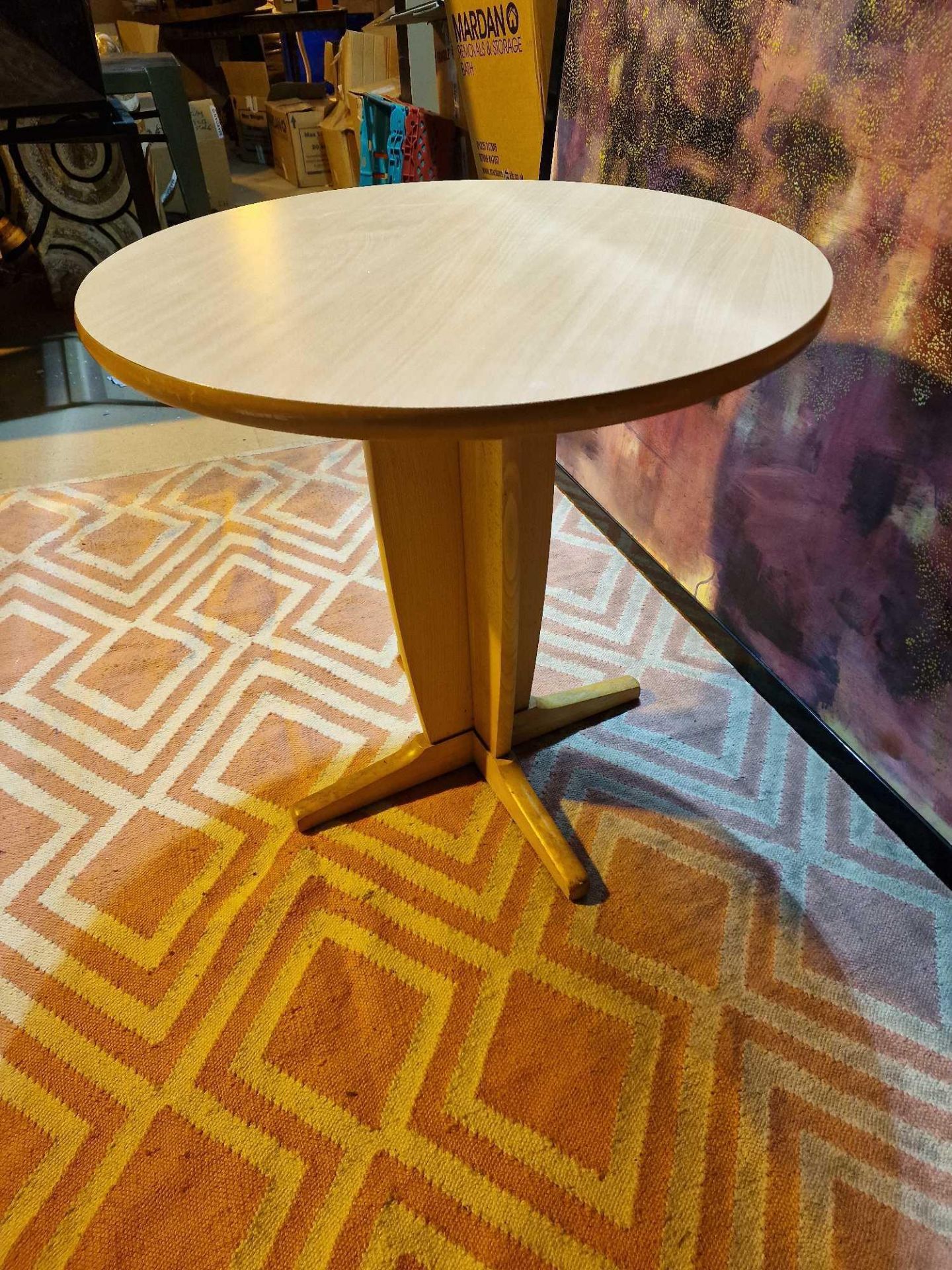 2 x beech mid century style dining tables the circular 74cm top mounted on a pedestal quad form base - Image 4 of 4