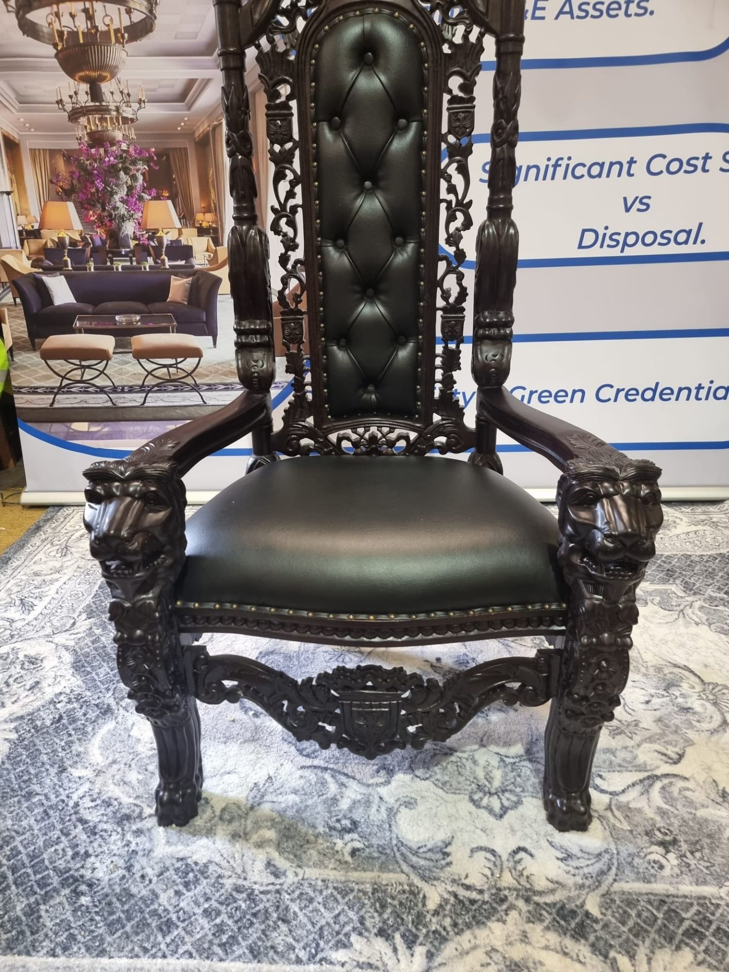 Handmade mahogany chair upholstered in a pinned black exceptional detailed carving. This antique - Image 13 of 20