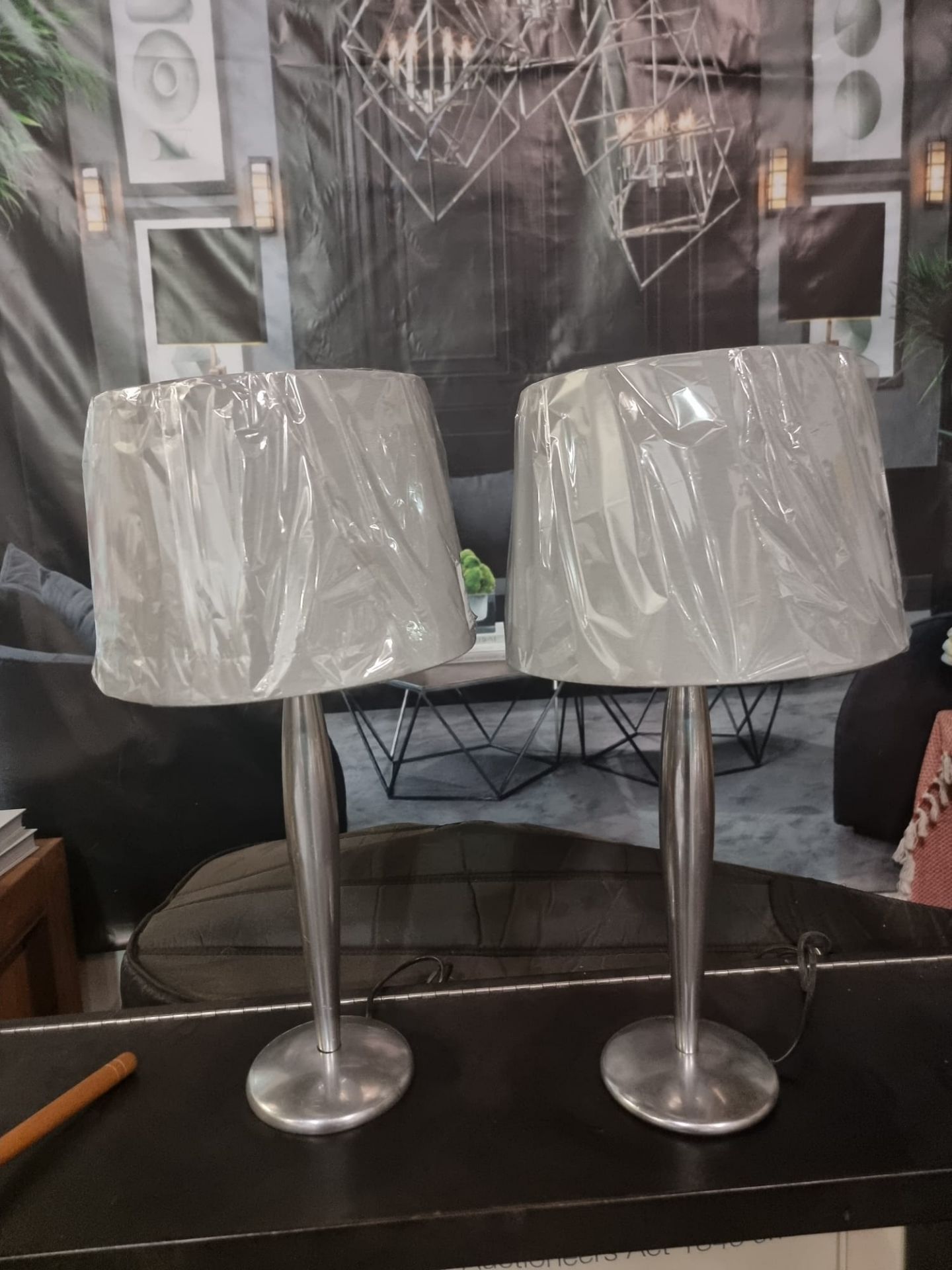 A pair of Lucien Gau Paris LG Paris Nickel Table Lamp with brand new grey shade 54cm tall - Bild 4 aus 8