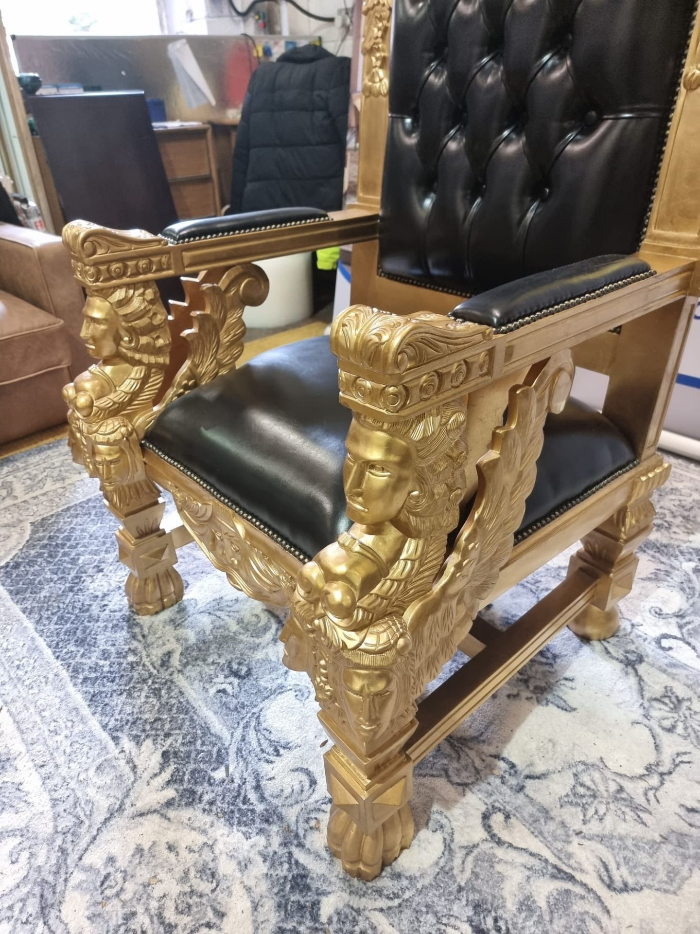 Handmade mahogany chair finished in painted matt gold upholstered in pinned black exceptional - Image 6 of 21