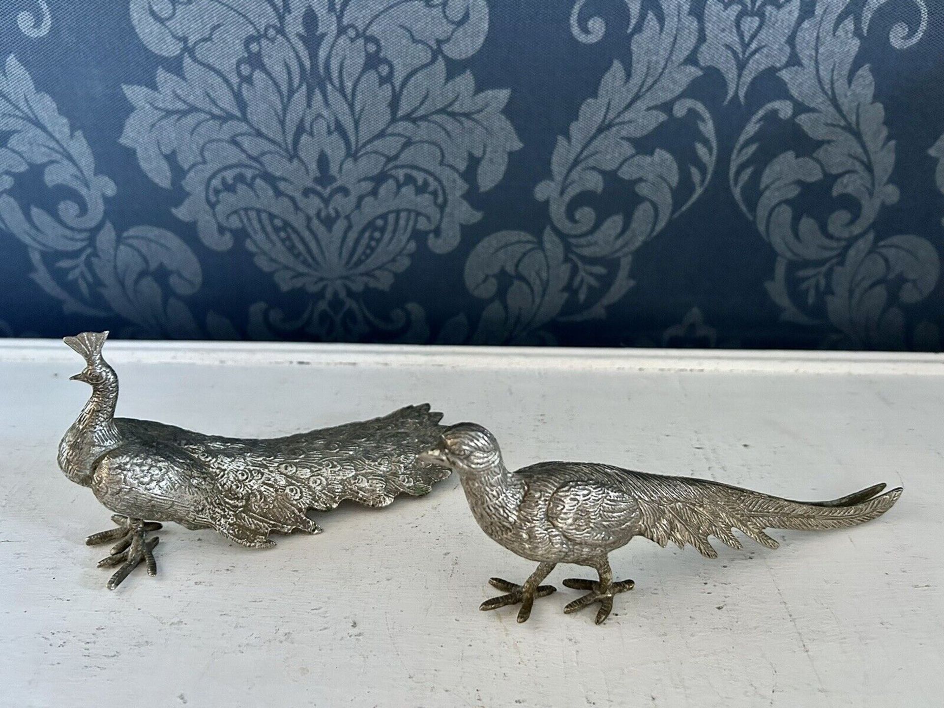 Italian Silver Plated Hollow Cast Table Centrepiece figurines Of Pheasants Male & Female Pair Male