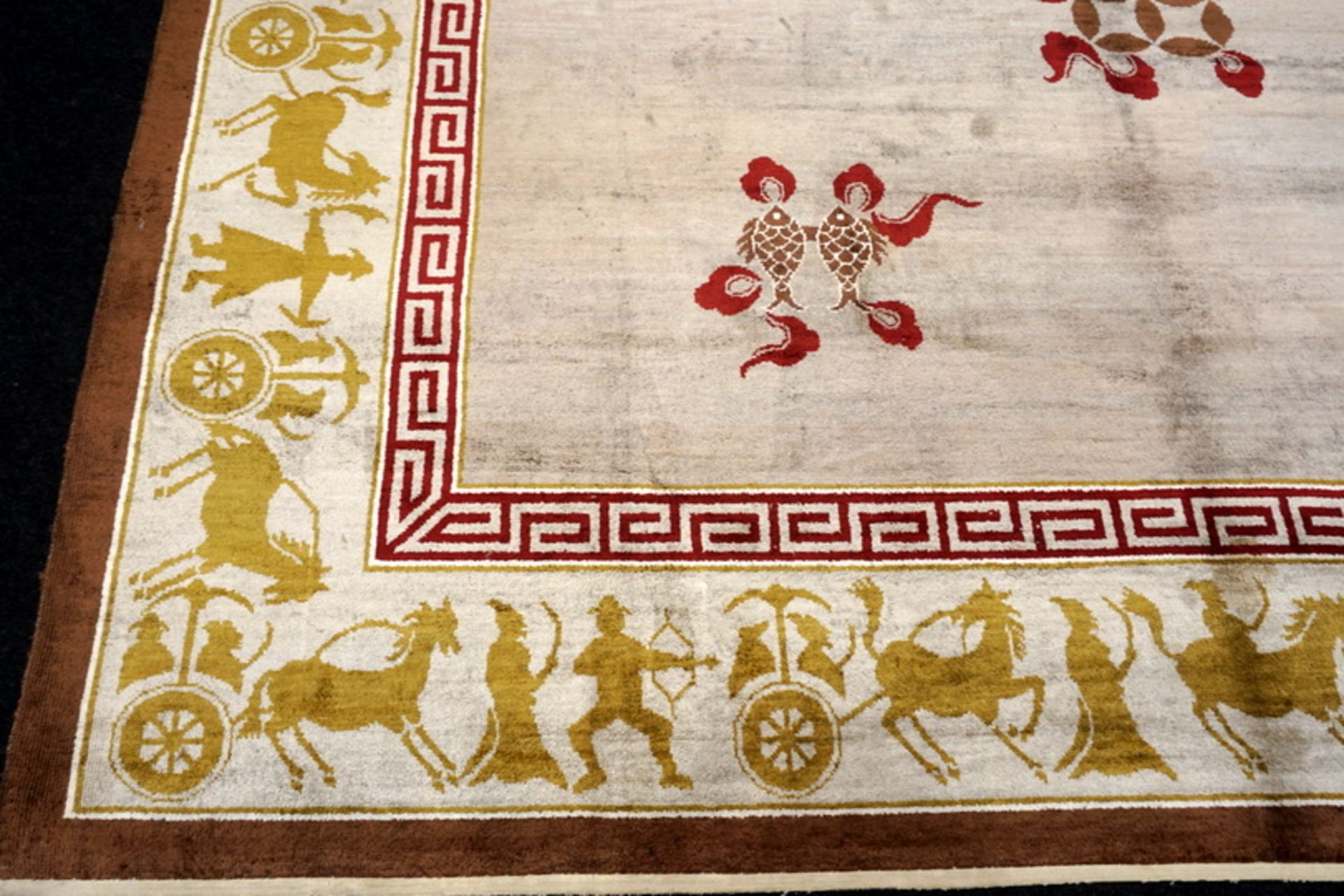 A Chinese Silk Carpet, Tientsin, Silk on Silk Foundation. The ivory field with a central column of - Image 15 of 27