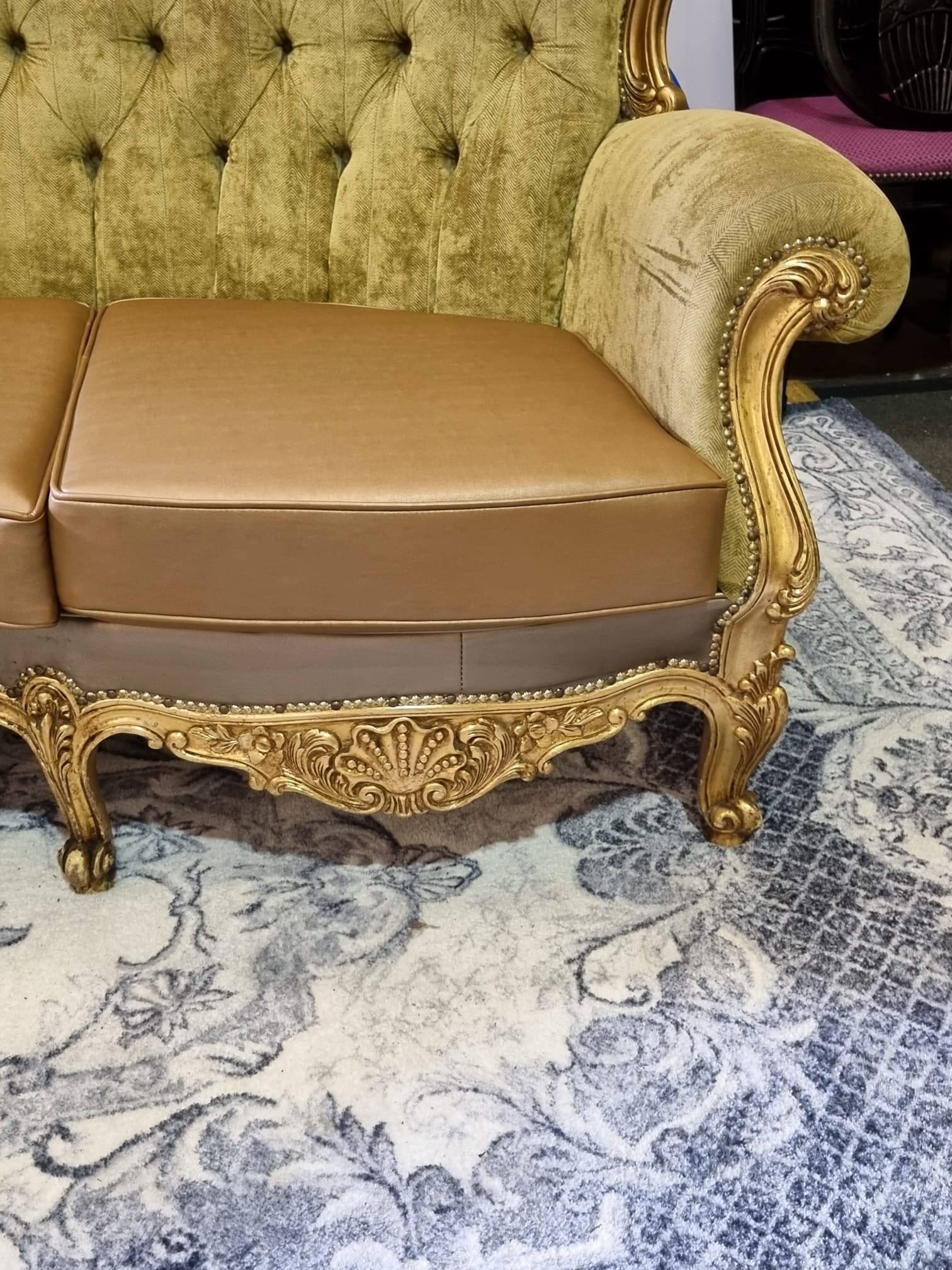 A contemporary French baroque style sofa the gilded ornate frame upholstered in contrasting - Image 5 of 8