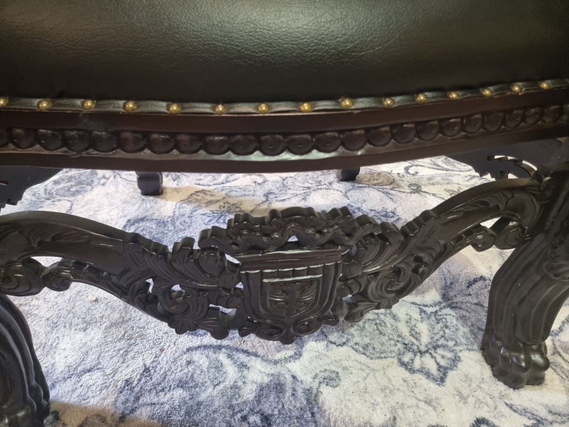 Handmade mahogany chair upholstered in a pinned black exceptional detailed carving. This antique - Image 9 of 20